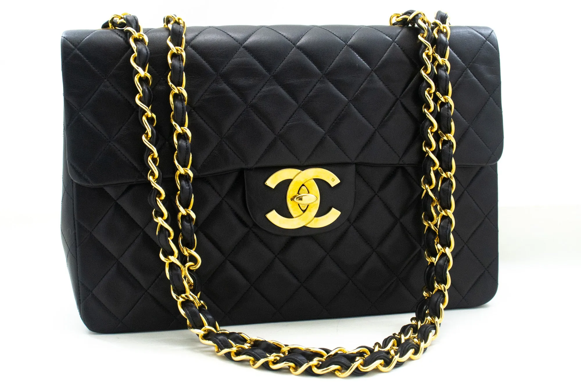 CHANEL Classic Large 13" Flap Chain Shoulder Bag Black Lambskin n52