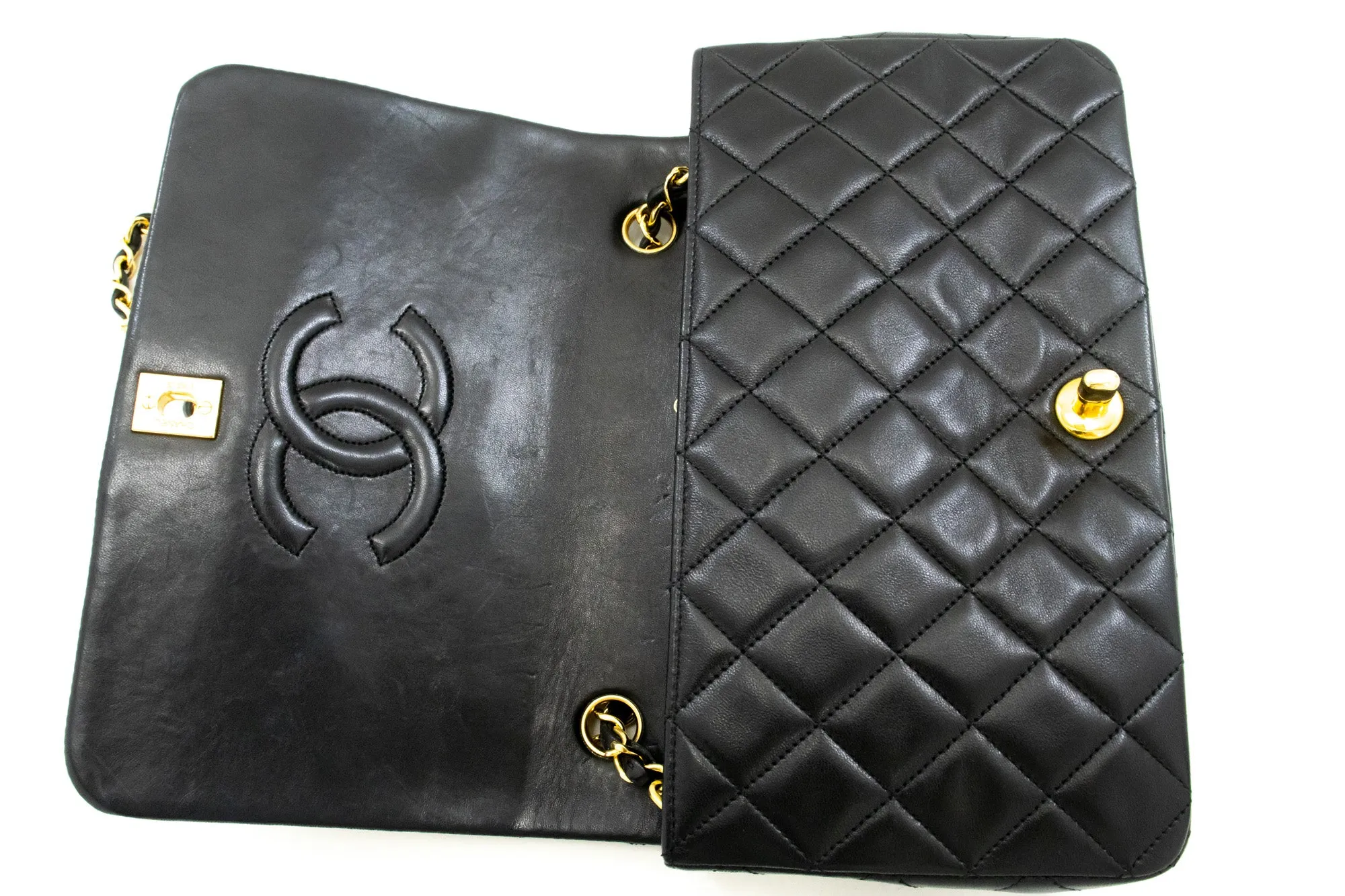 CHANEL Full Flap Chain Shoulder Bag Crossbody Black Quilted Lamb n22