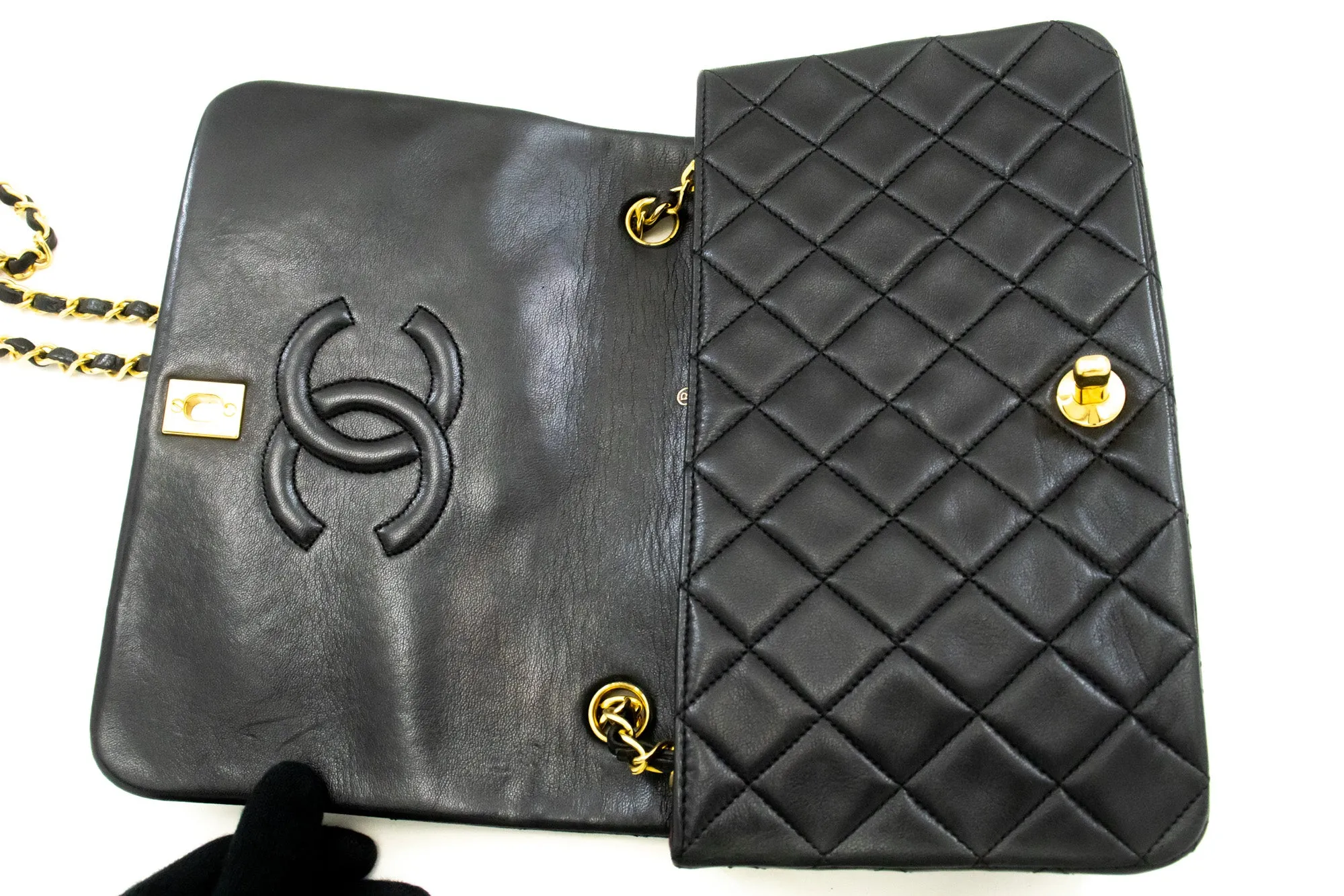 CHANEL Full Flap Chain Shoulder Bag Crossbody Black Quilted Lamb n67