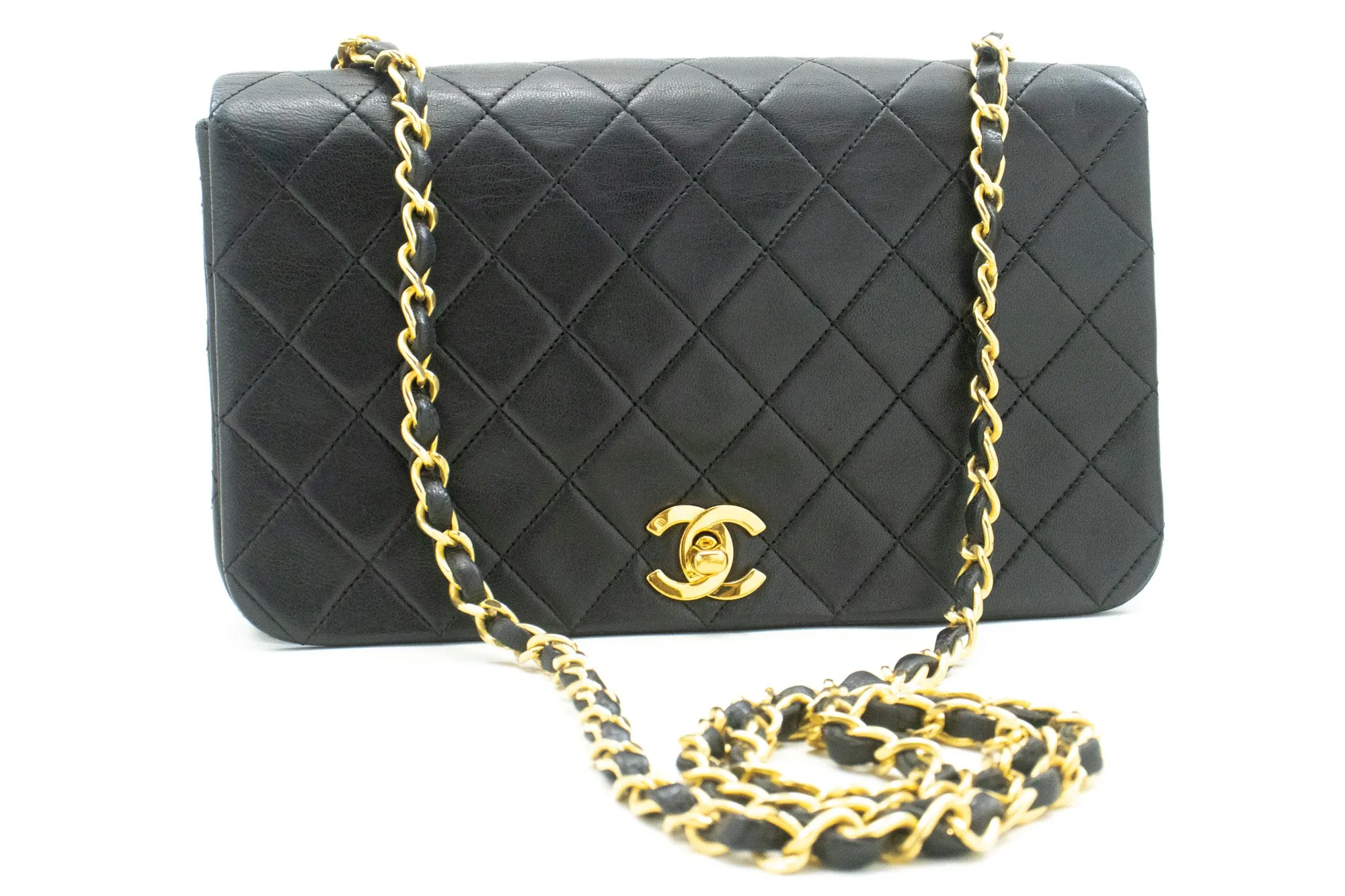CHANEL Full Flap Chain Shoulder Bag Crossbody Black Quilted Lamb n67