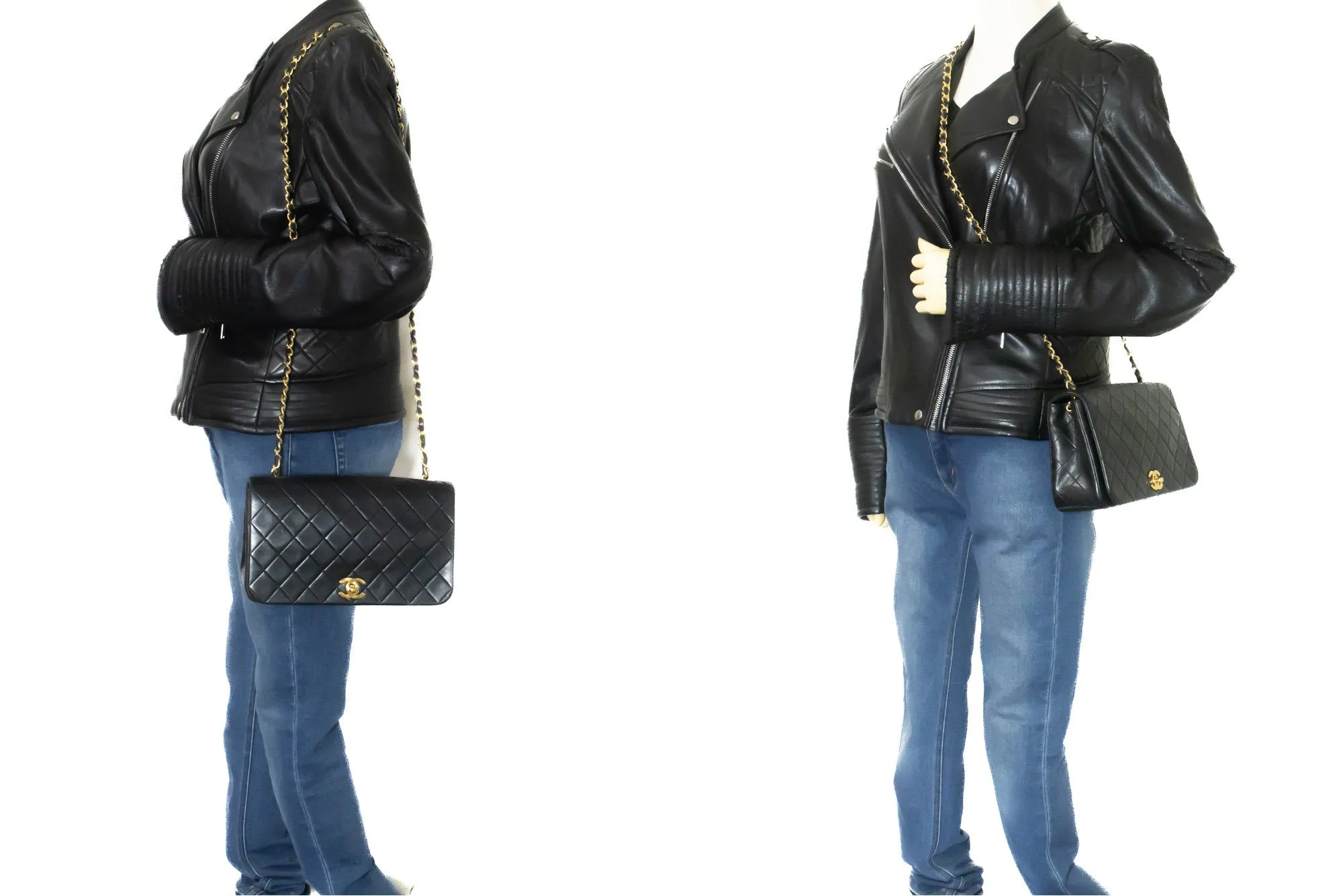 CHANEL Full Flap Chain Shoulder Bag Crossbody Black Quilted Lamb n67
