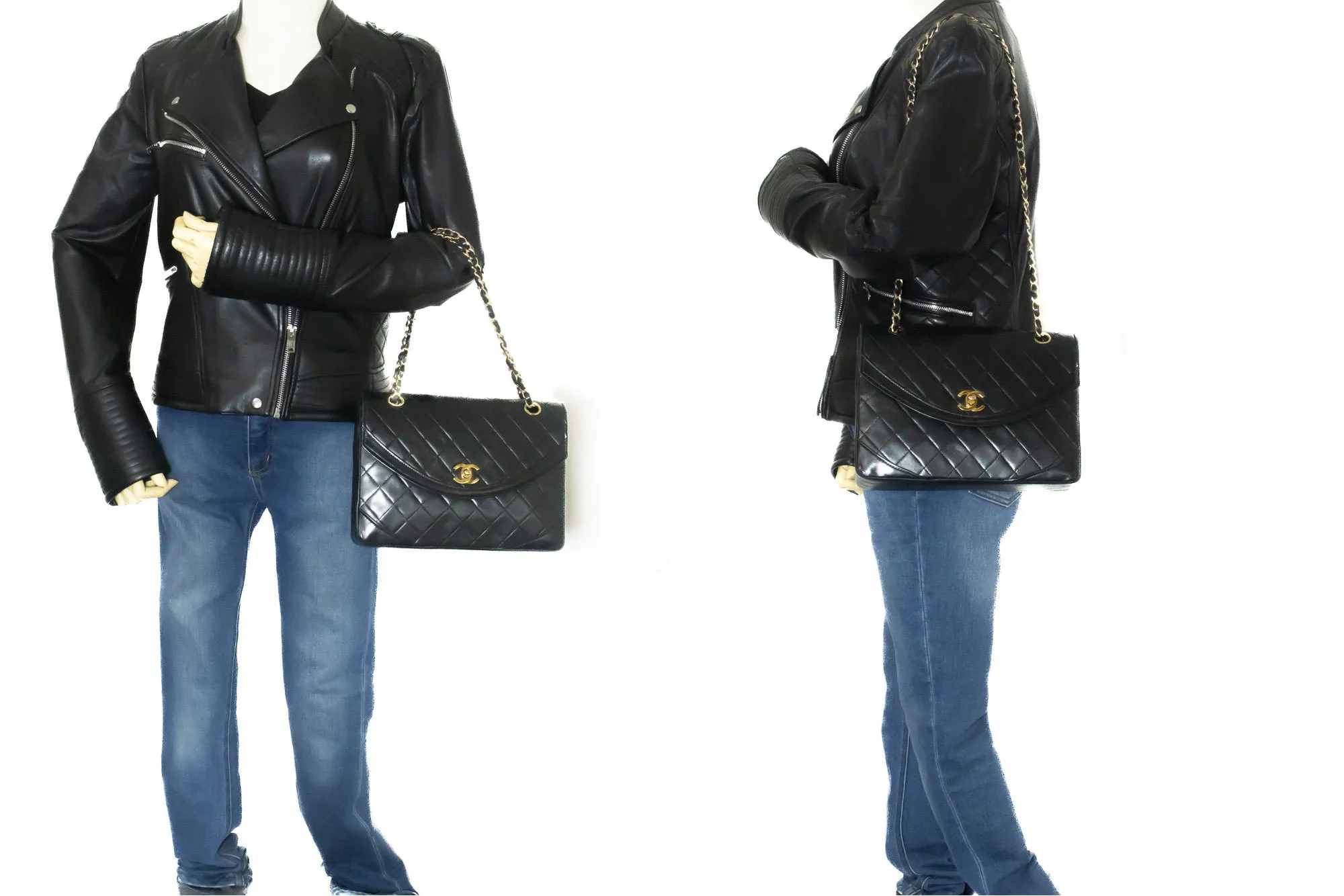 CHANEL Half Moon Chain Shoulder Bag Crossbody Black Quilted Flap L76