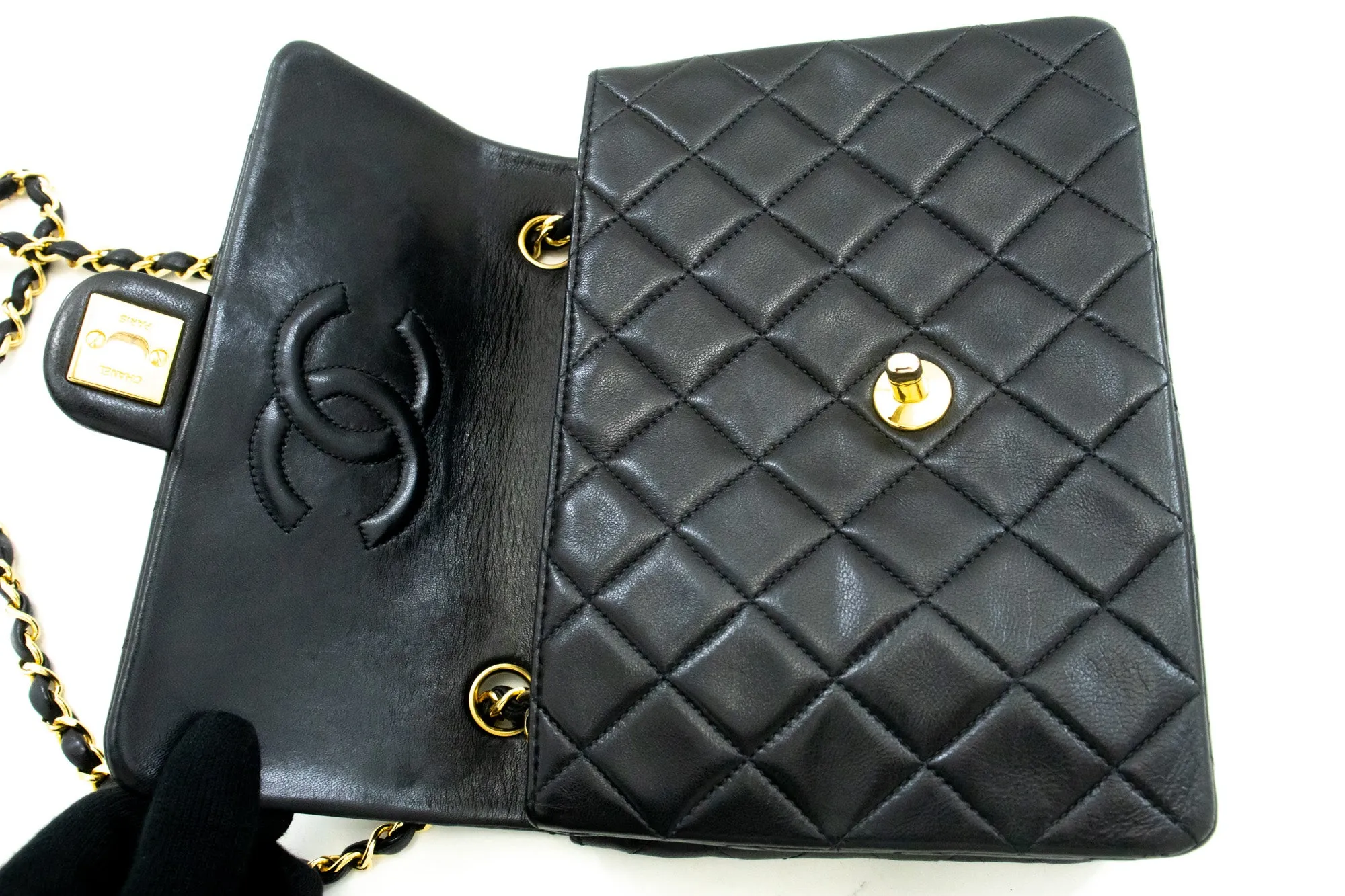 CHANEL Mini Square Small Chain Shoulder Bag Crossbody Black Lamb n28