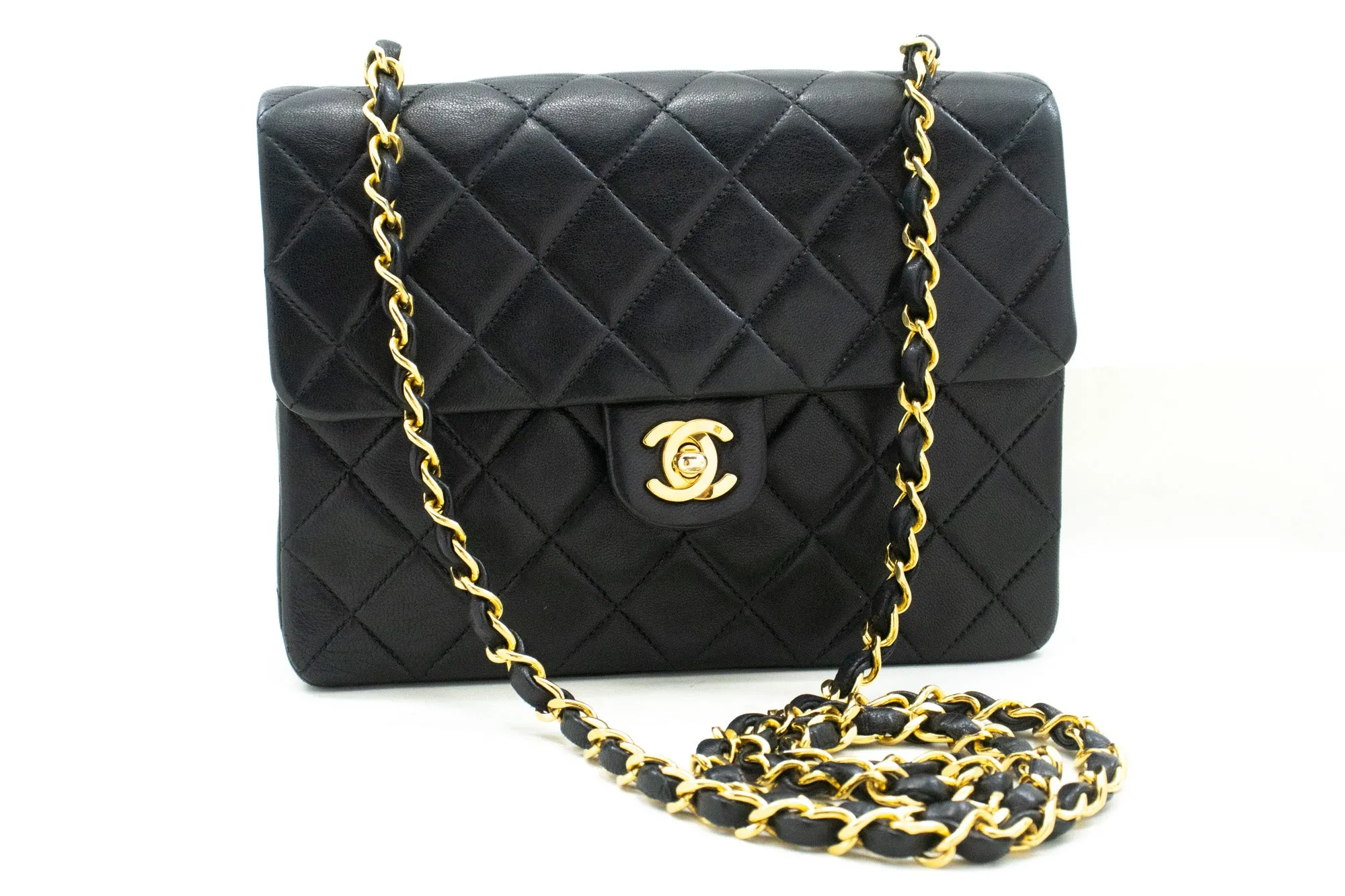 CHANEL Mini Square Small Chain Shoulder Bag Crossbody Black Lamb n28