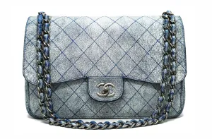 Chanel Runway Blue Distressed Calfskin Double Flap Jumbo