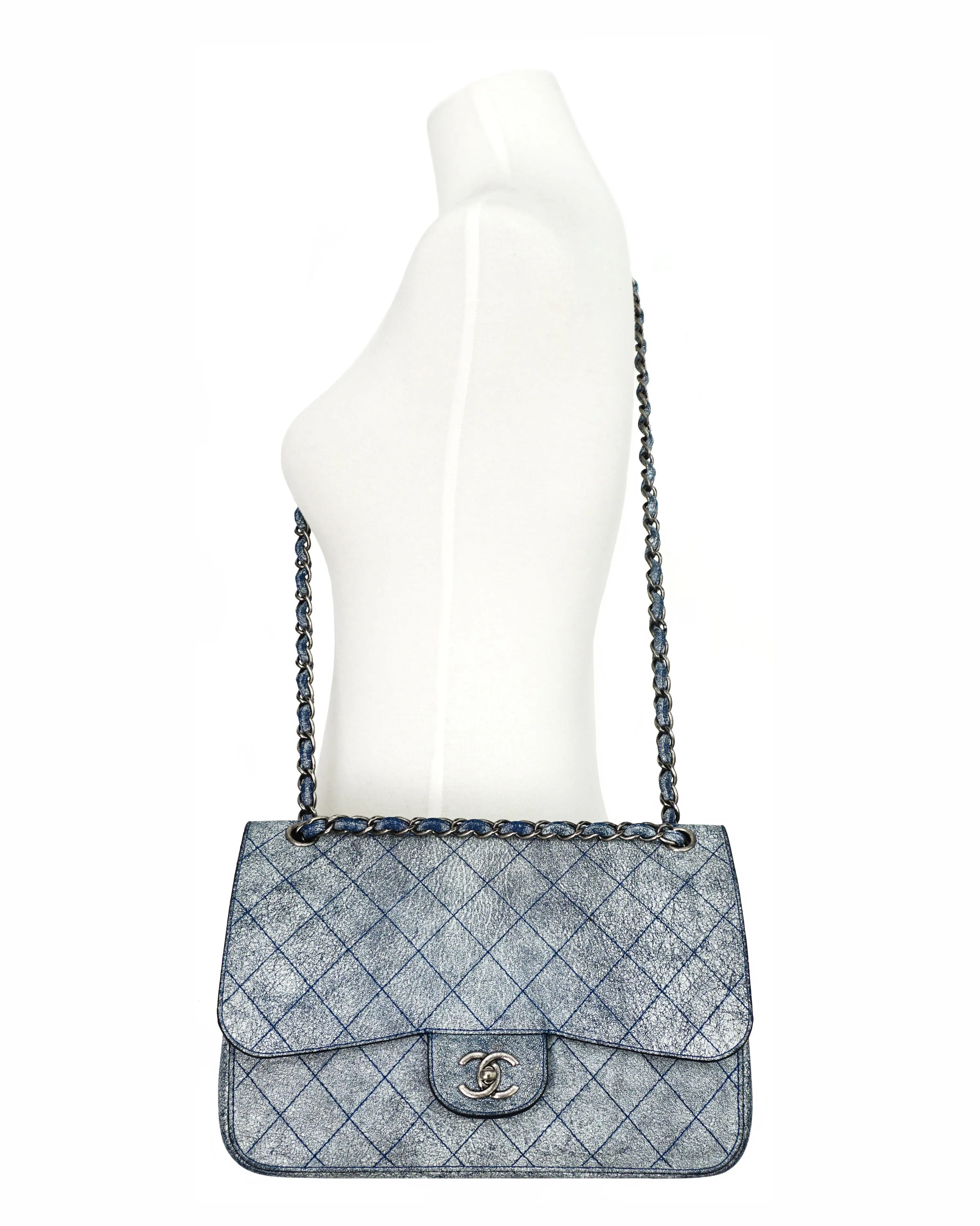 Chanel Runway Blue Distressed Calfskin Double Flap Jumbo