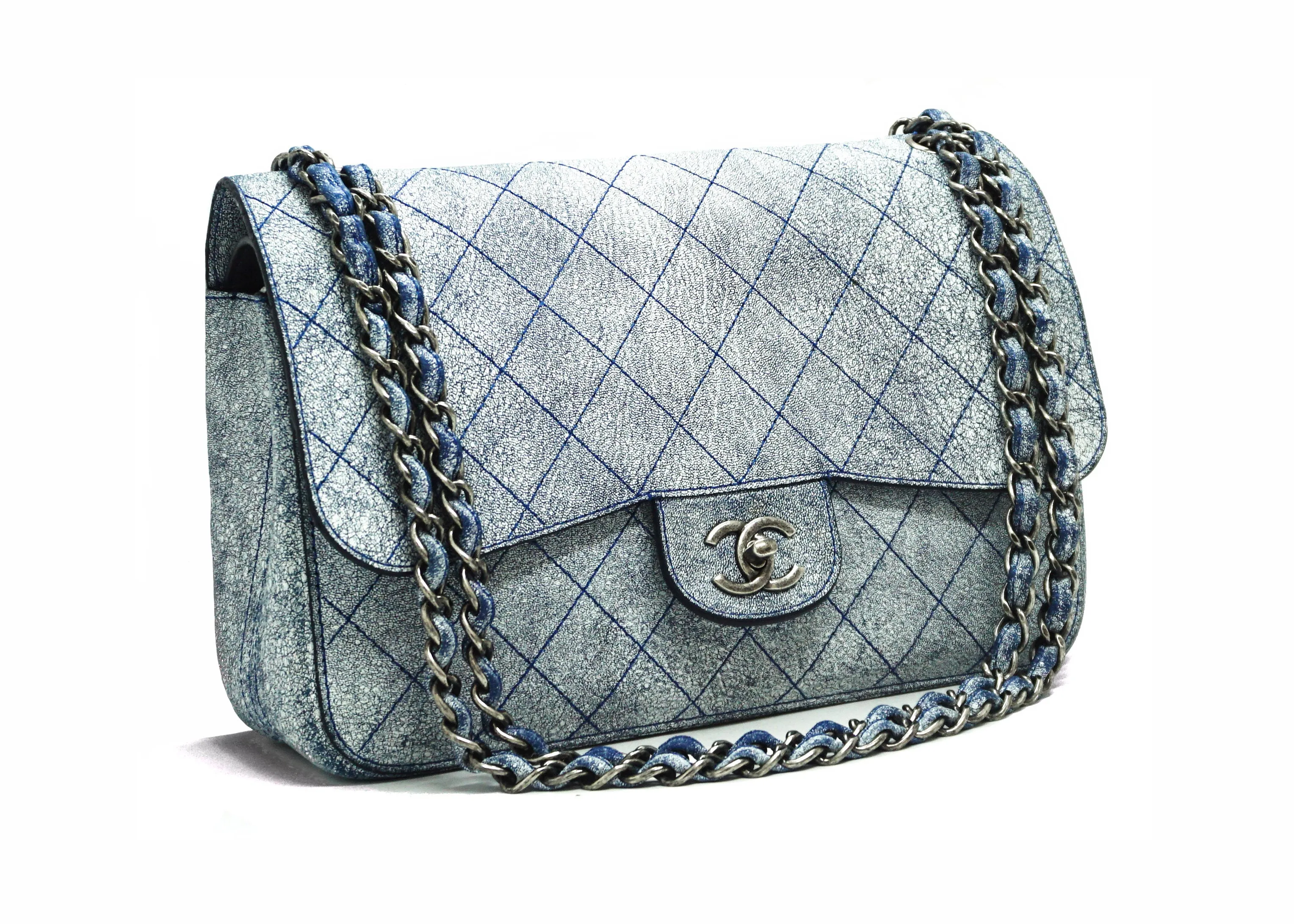 Chanel Runway Blue Distressed Calfskin Double Flap Jumbo