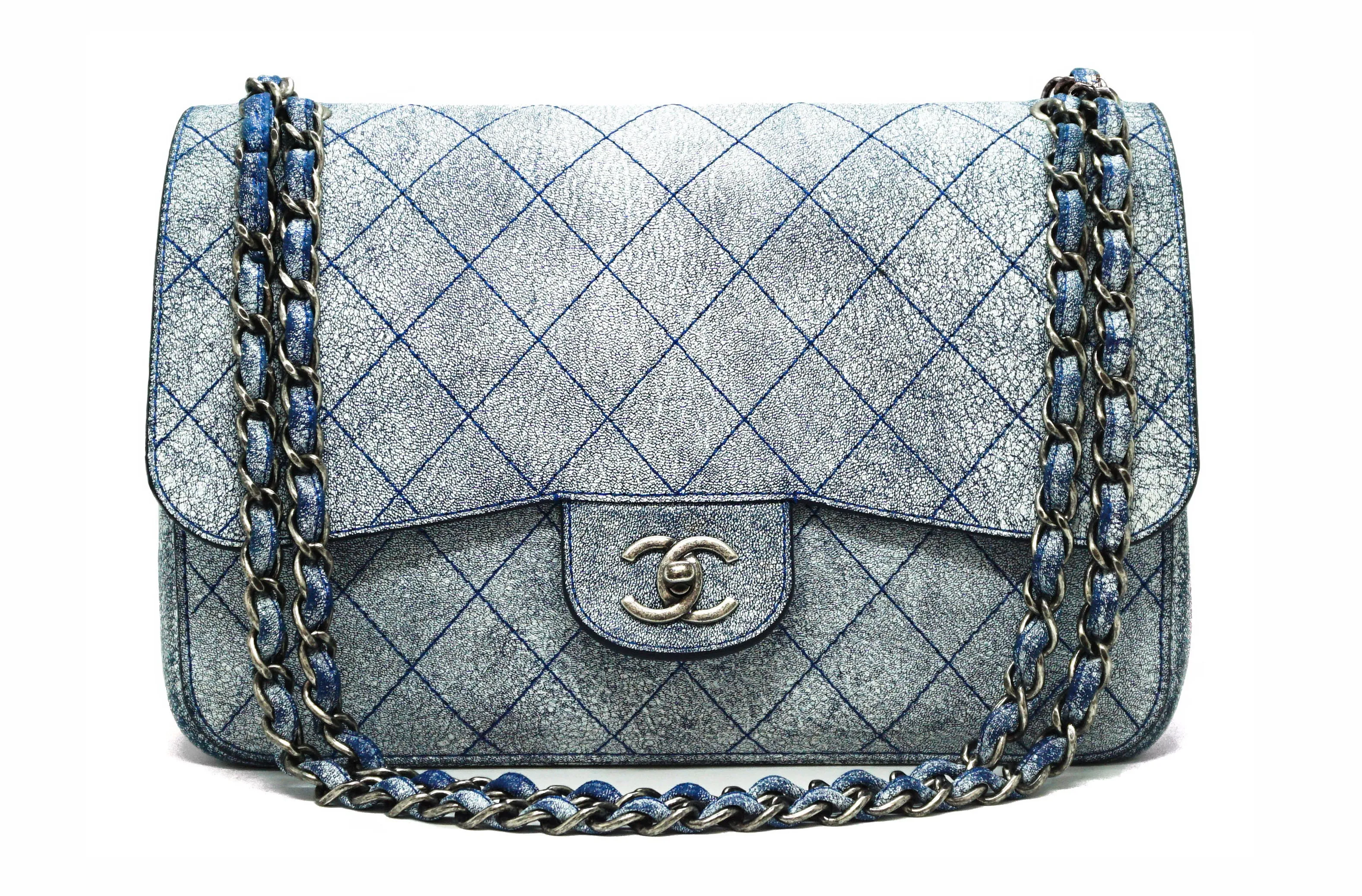 Chanel Runway Blue Distressed Calfskin Double Flap Jumbo
