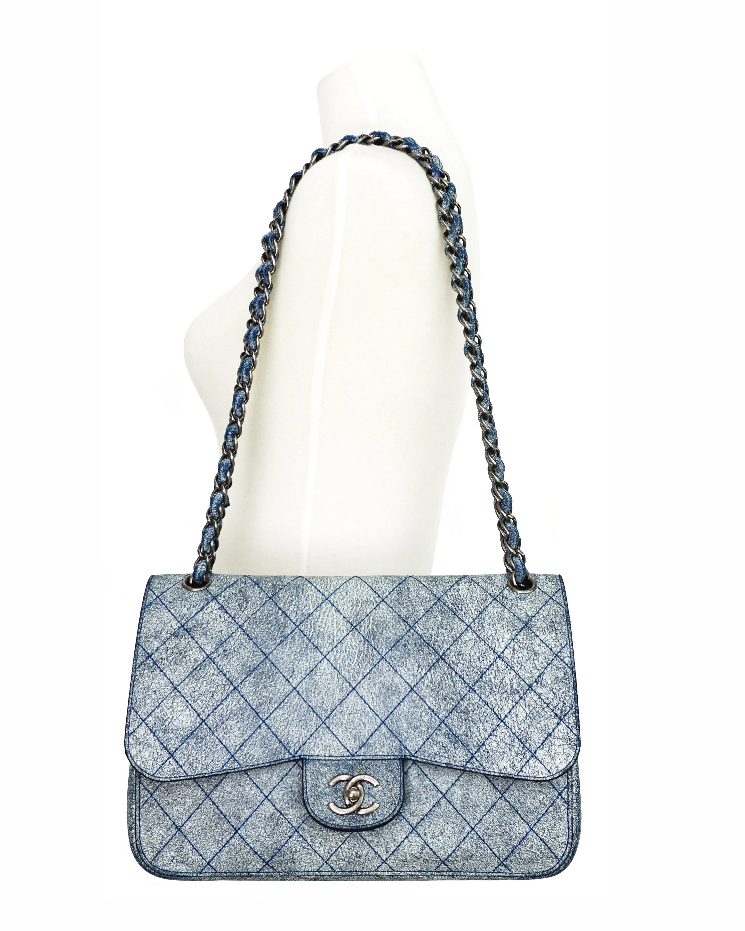 Chanel Runway Blue Distressed Calfskin Double Flap Jumbo