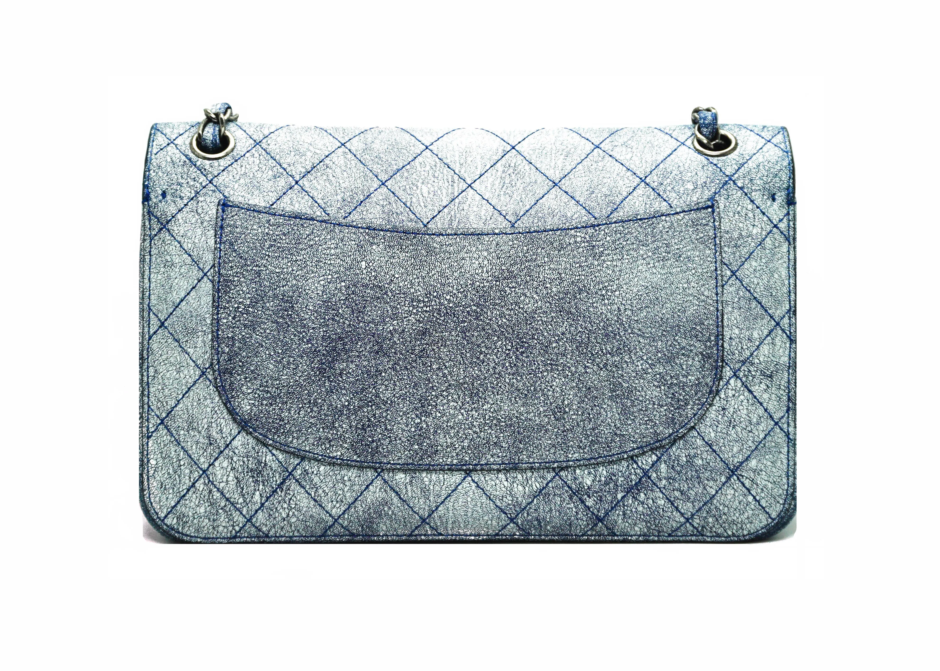 Chanel Runway Blue Distressed Calfskin Double Flap Jumbo
