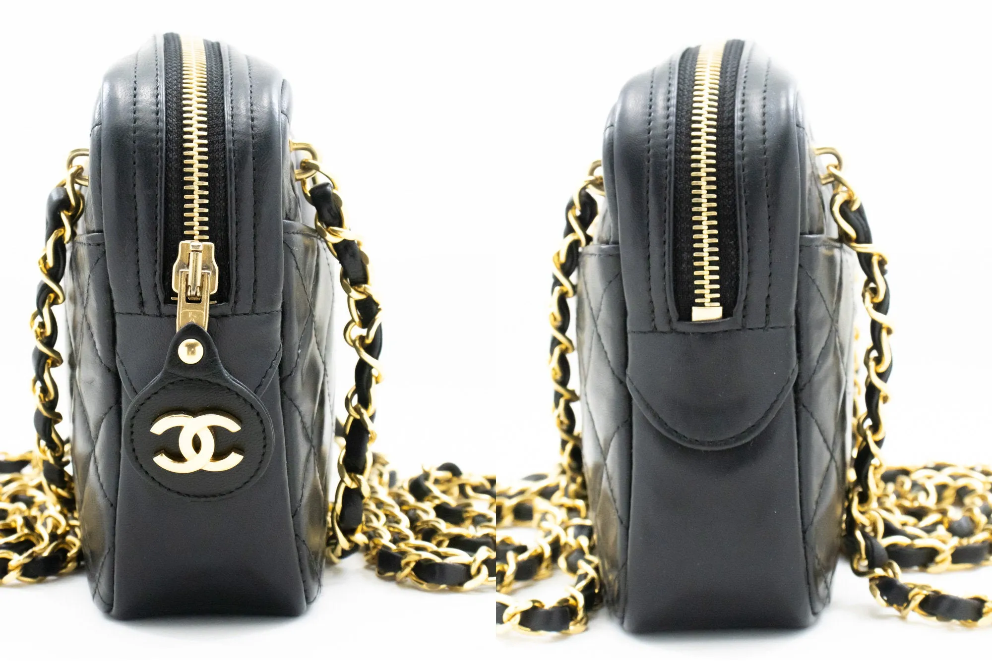CHANEL Small Chain Shoulder Bag Black Lambskin Leather Zipper m63