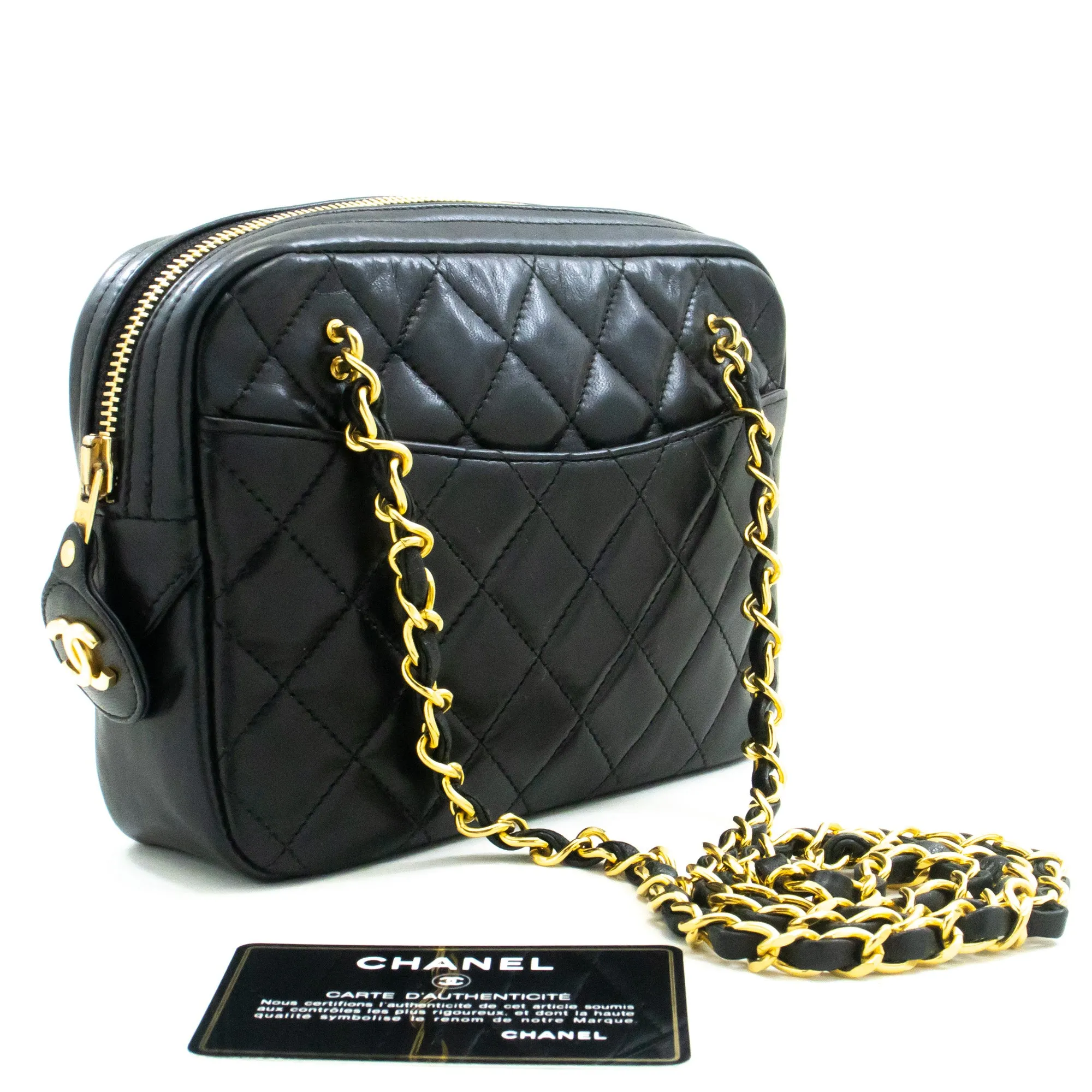CHANEL Small Chain Shoulder Bag Black Lambskin Leather Zipper m63