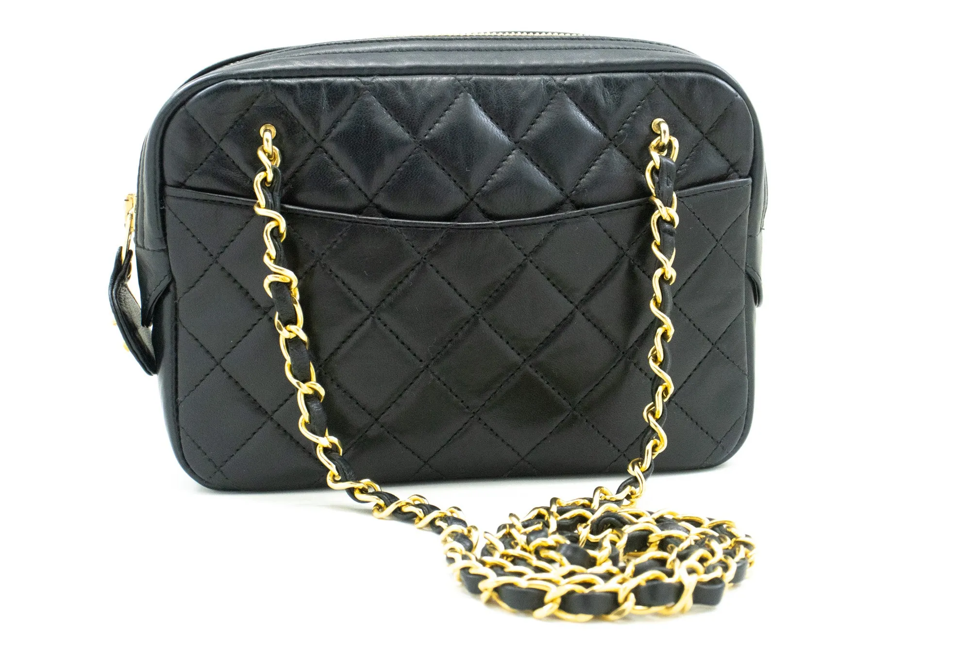 CHANEL Small Chain Shoulder Bag Black Lambskin Leather Zipper m63
