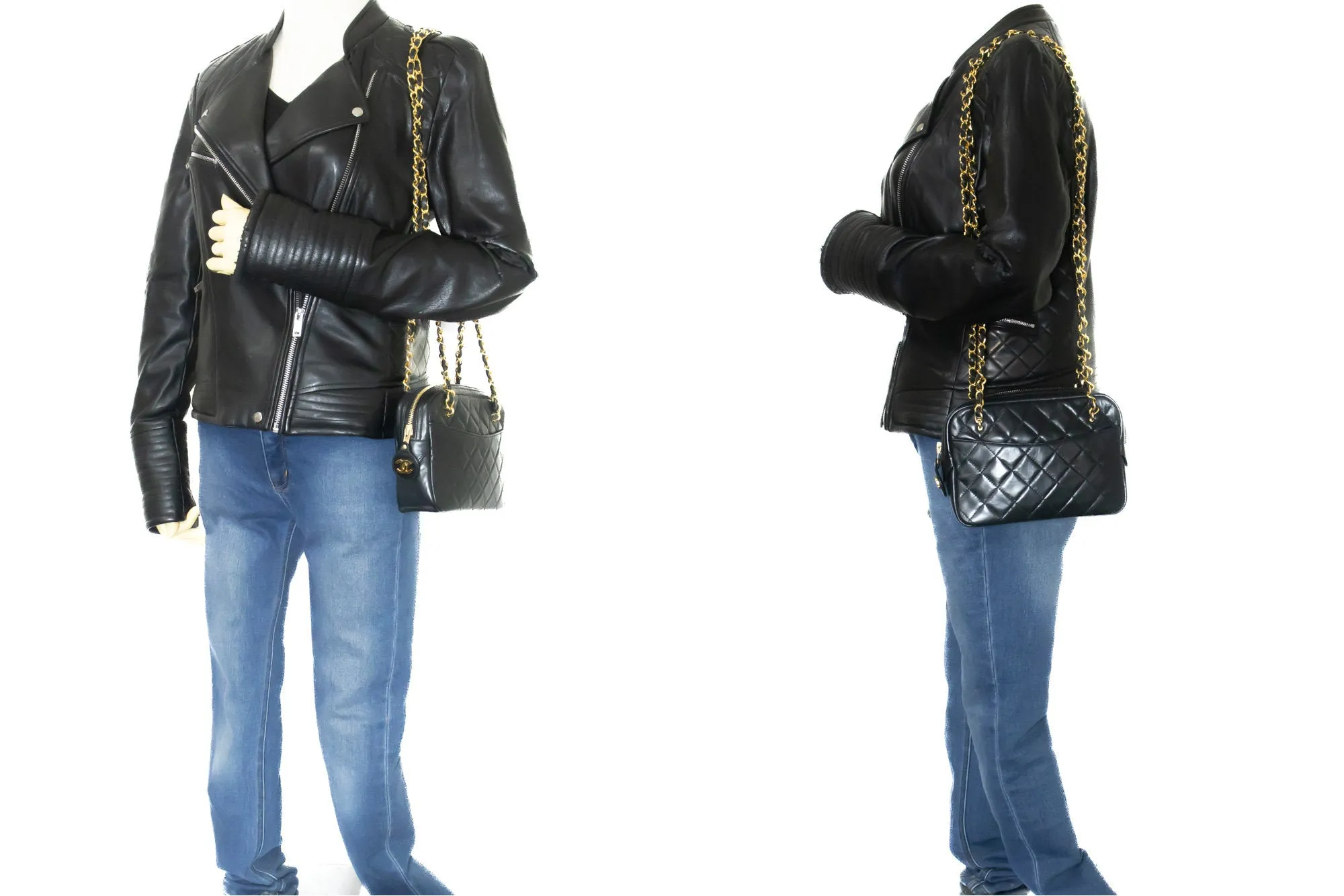 CHANEL Small Chain Shoulder Bag Black Lambskin Leather Zipper m63