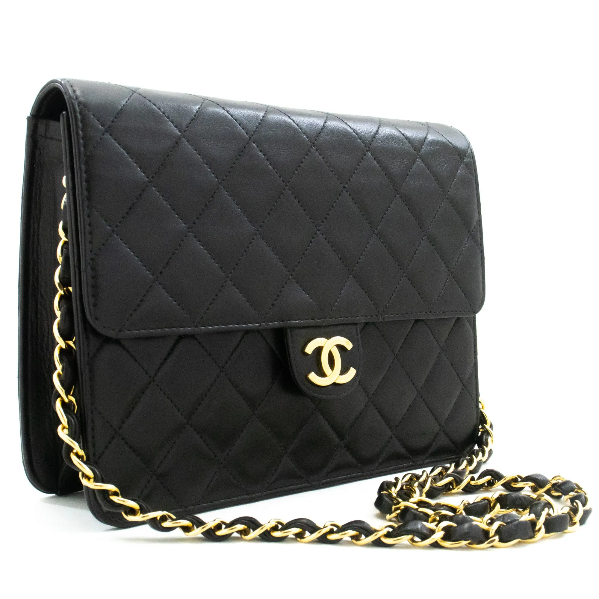 CHANEL Small Chain Shoulder Bag Clutch Black Quilted Flap Lambskin n26