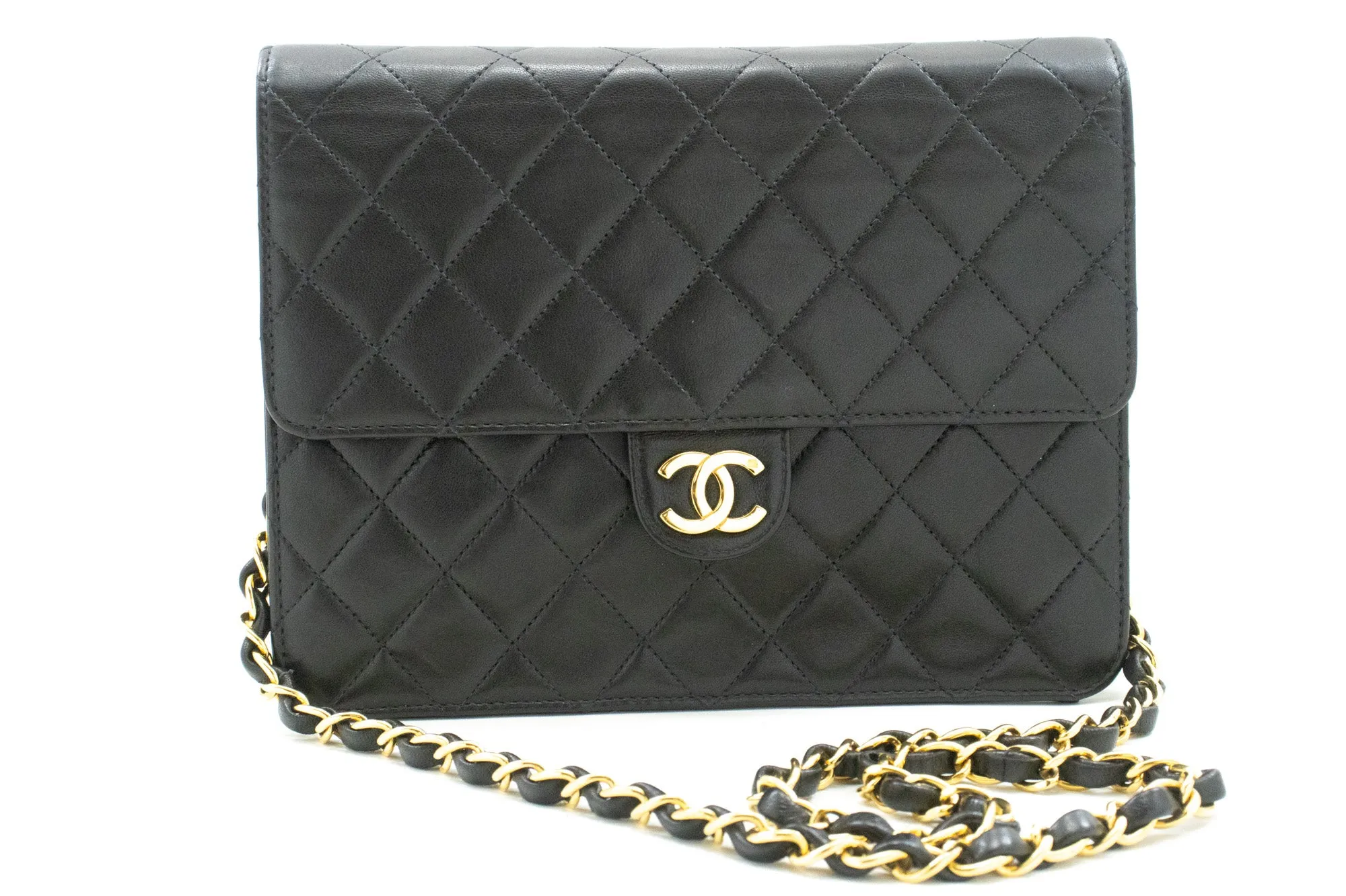 CHANEL Small Chain Shoulder Bag Clutch Black Quilted Flap Lambskin n26