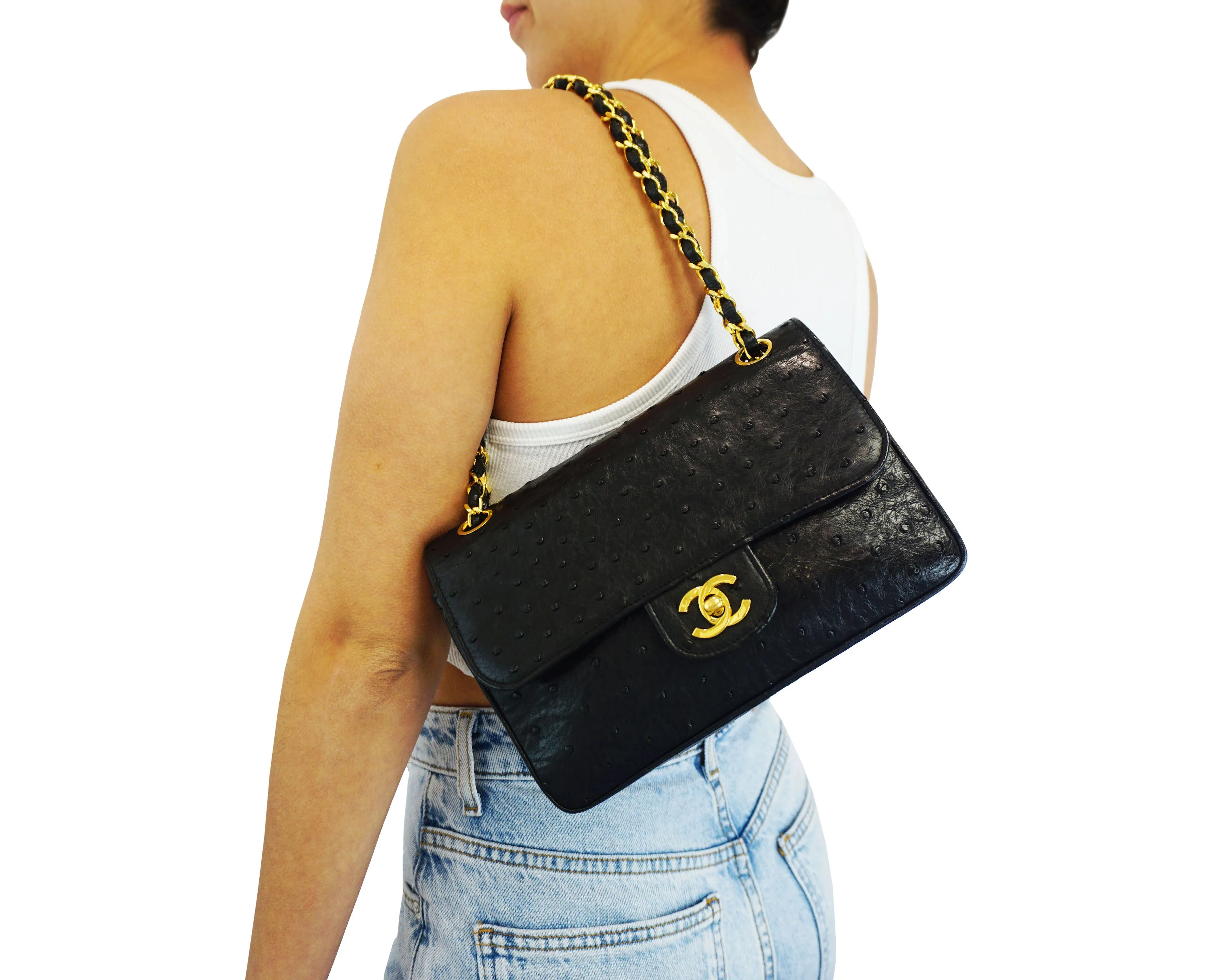 Chanel Vintage Rare Black Ostrich Small Classic Double Flap