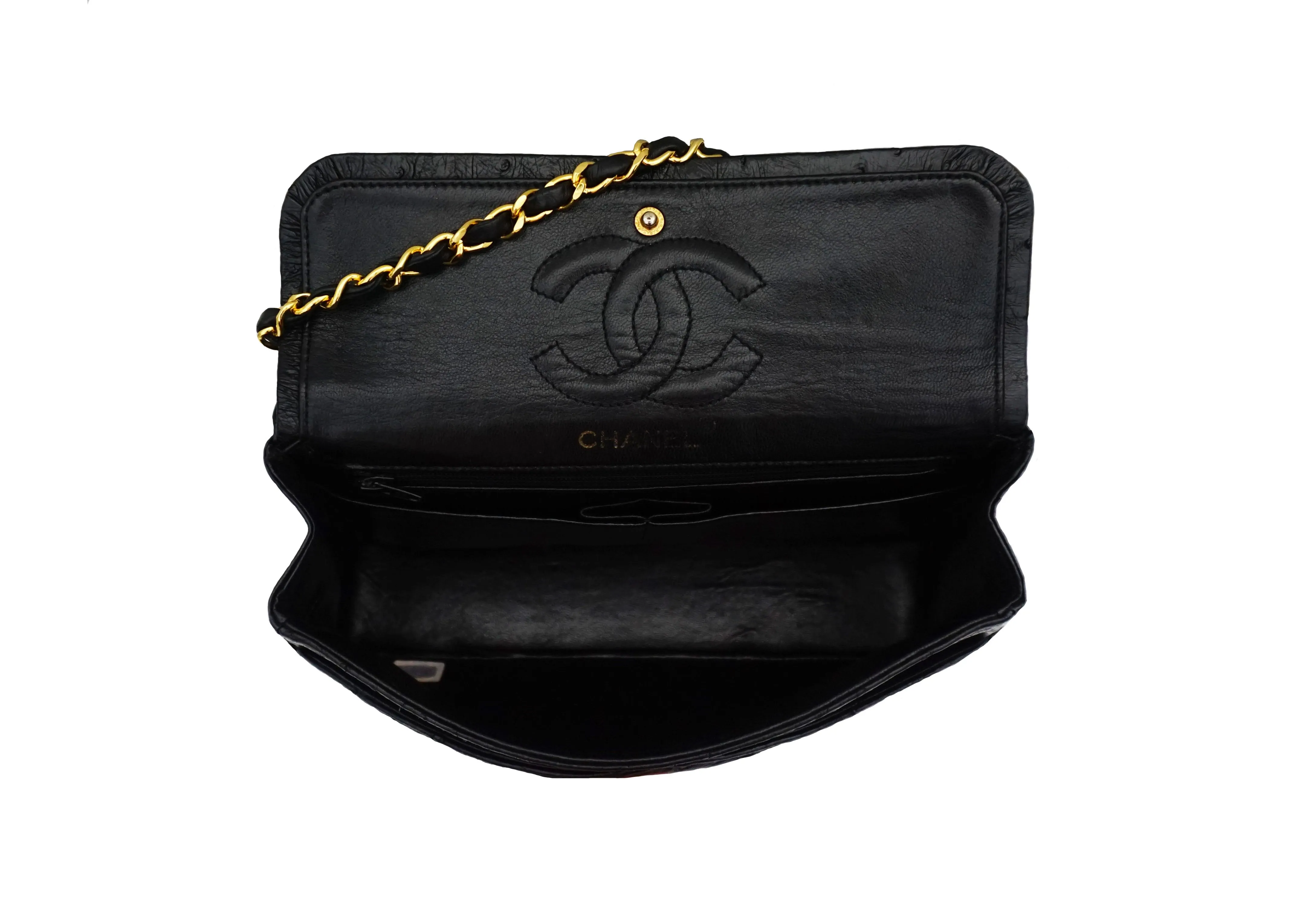 Chanel Vintage Rare Black Ostrich Small Classic Double Flap