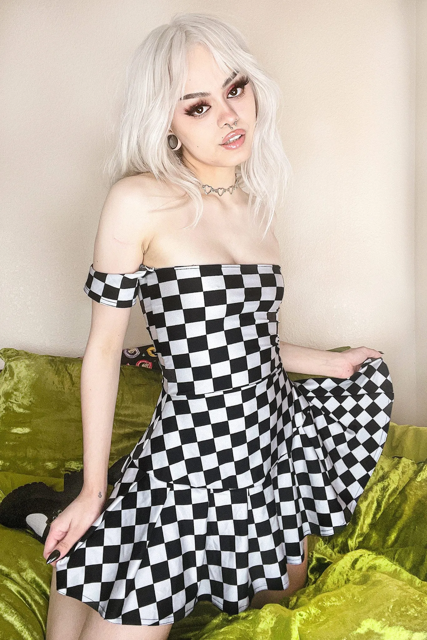Checkerbored Off Shoulder Skater Dress