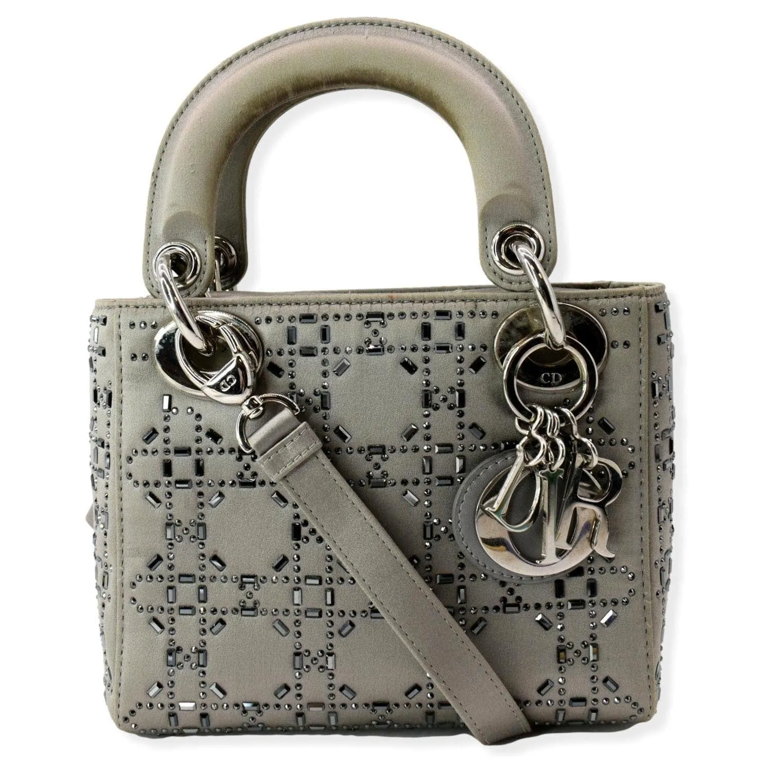 CHRISTIAN DIOR Mini Lady Dior Crystal Embellished Satin Shoulder Bag Gray