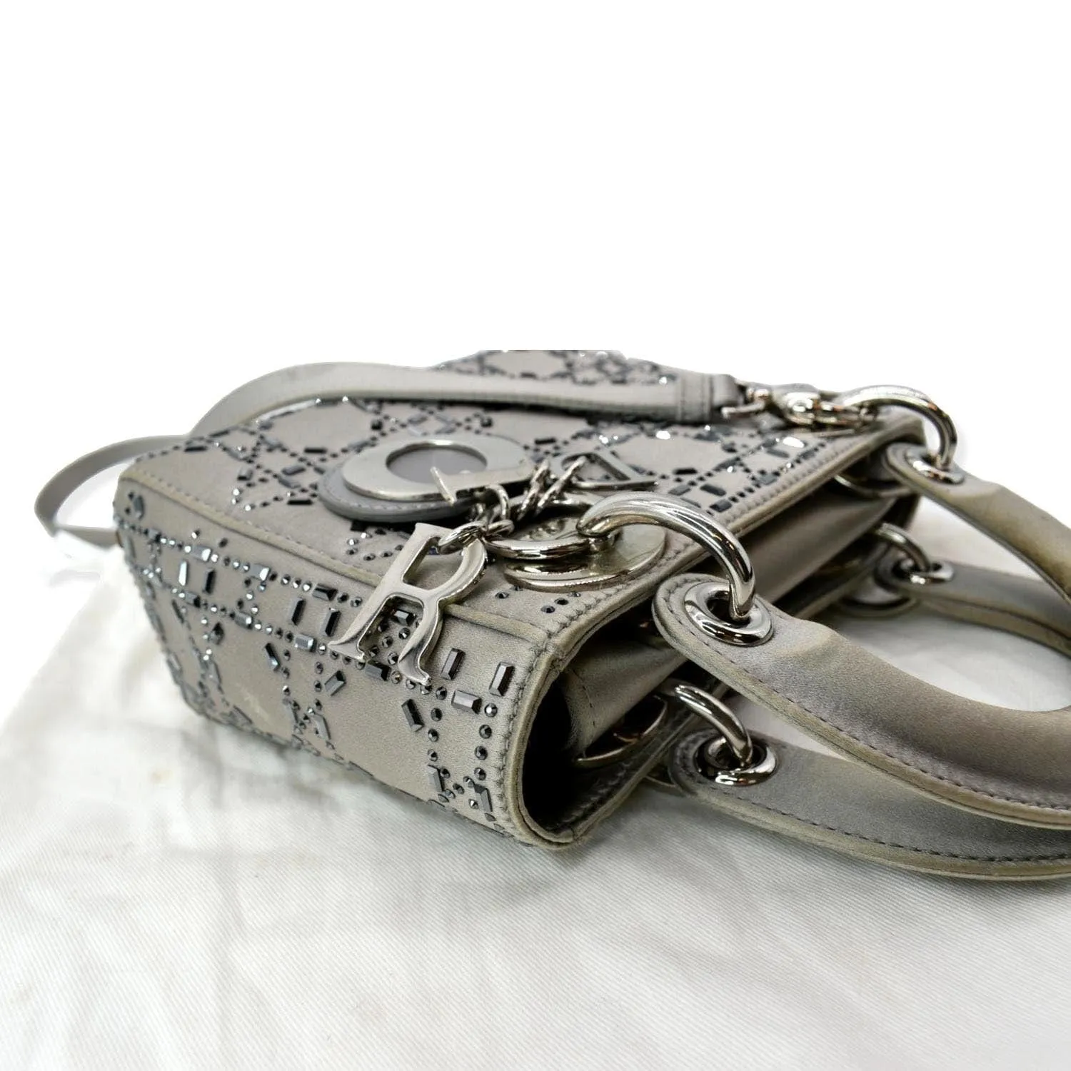 CHRISTIAN DIOR Mini Lady Dior Crystal Embellished Satin Shoulder Bag Gray