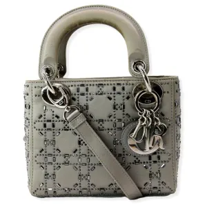CHRISTIAN DIOR Mini Lady Dior Crystal Embellished Satin Shoulder Bag Gray