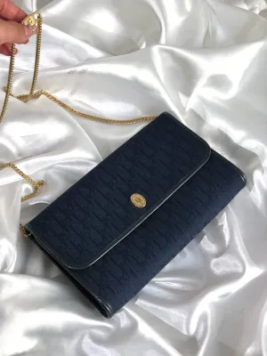 Christian Dior Trotter Logo Jacquard Leather Chain Crossbody Shoulder bag Navy Vintage khnany