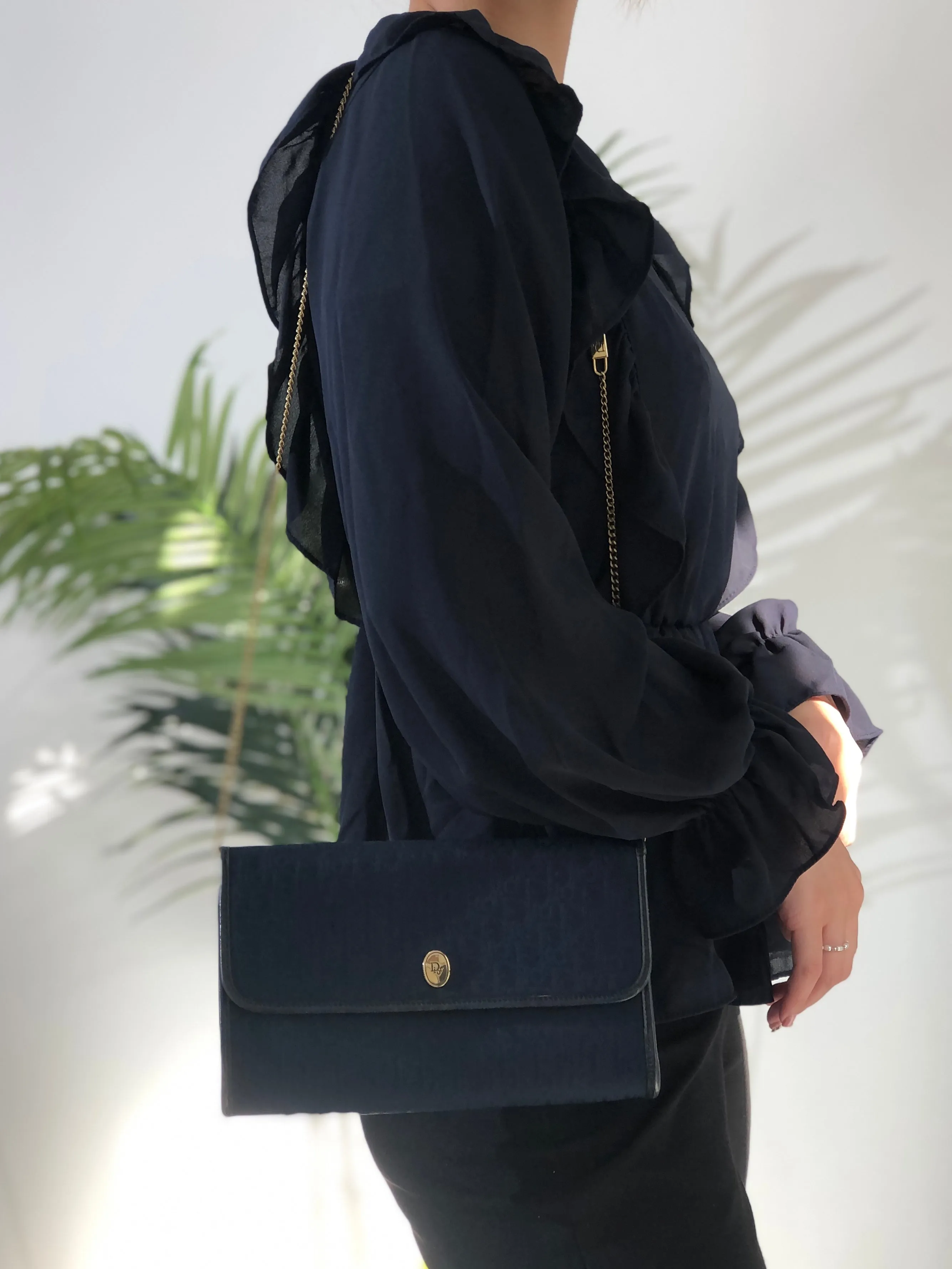 Christian Dior Trotter Logo Jacquard Leather Chain Crossbody Shoulder bag Navy Vintage khnany
