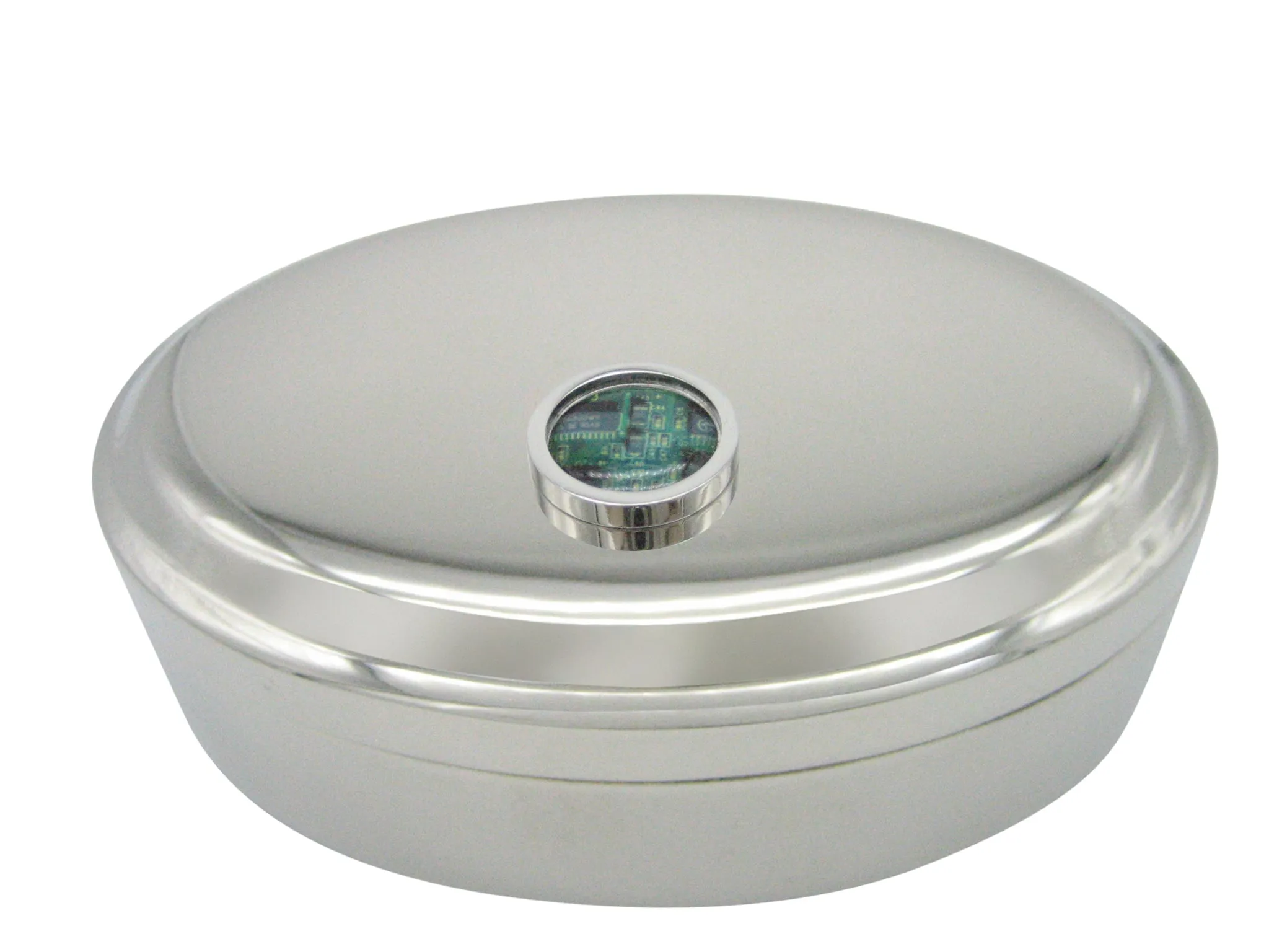 Circular Green Computer Circuit Board Design Pendant Oval Trinket Jewelry Box