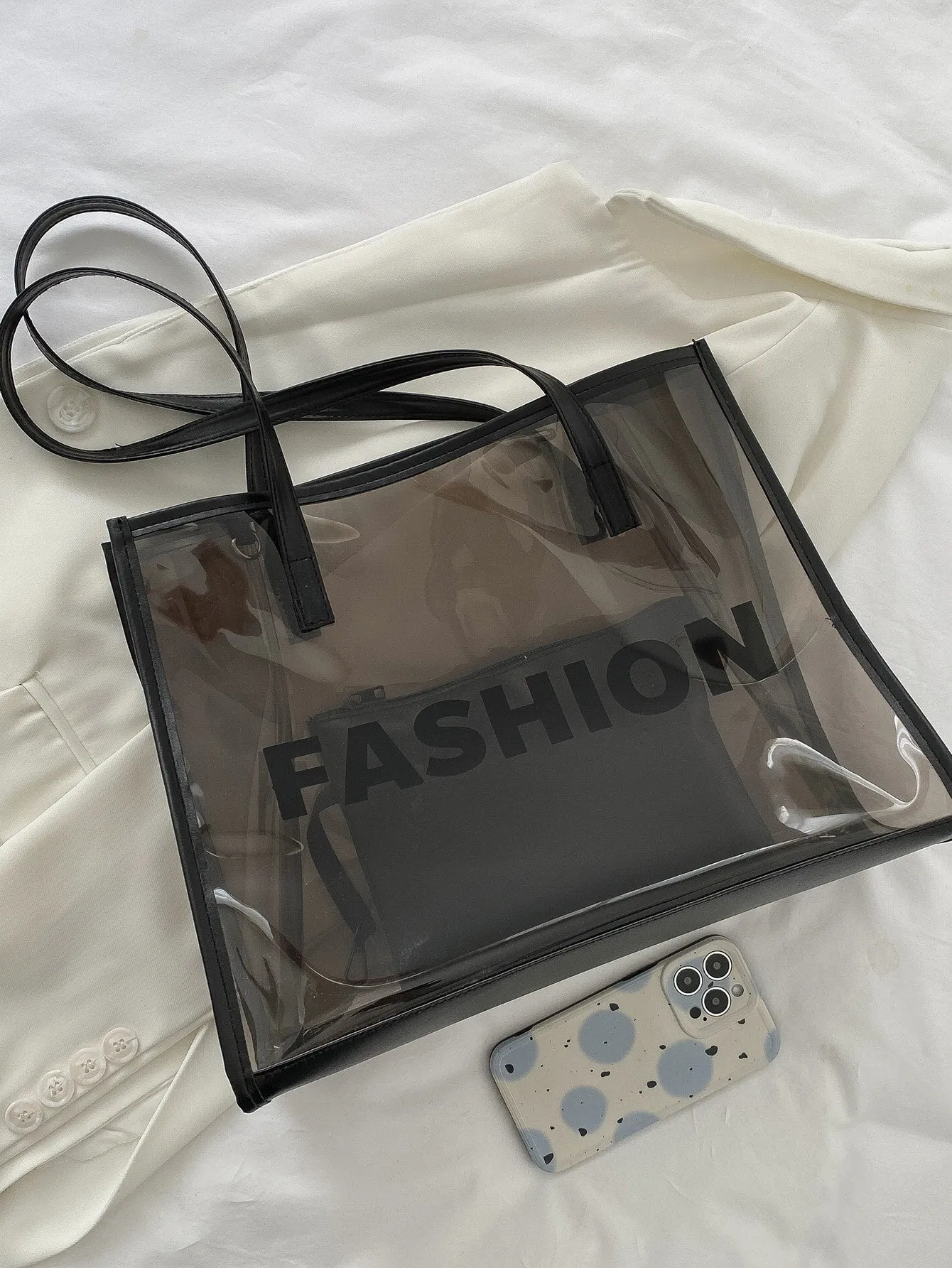 Clear Letter Graphic Shoulder Tote Bag With Inner Pouch - Black
