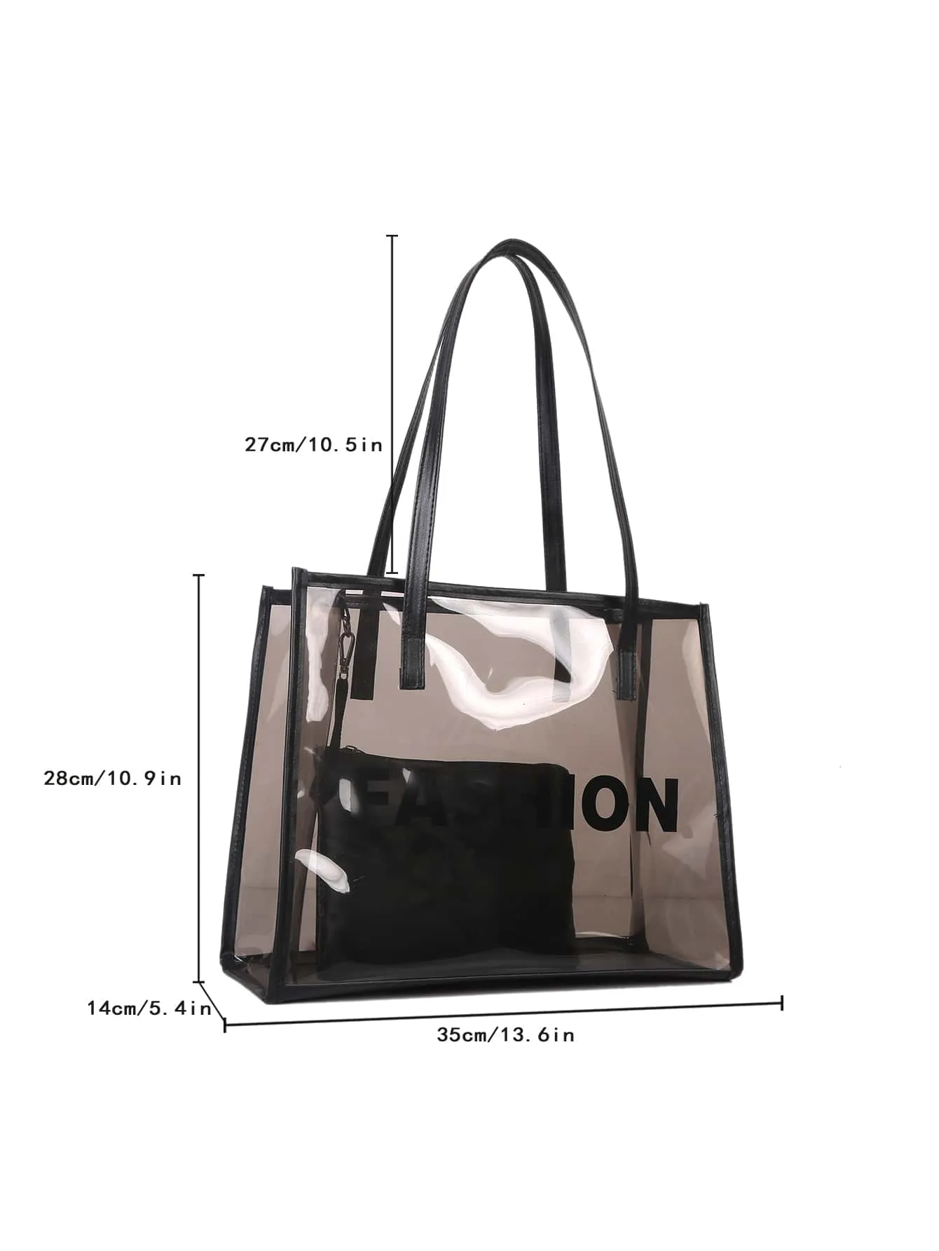 Clear Letter Graphic Shoulder Tote Bag With Inner Pouch - Black