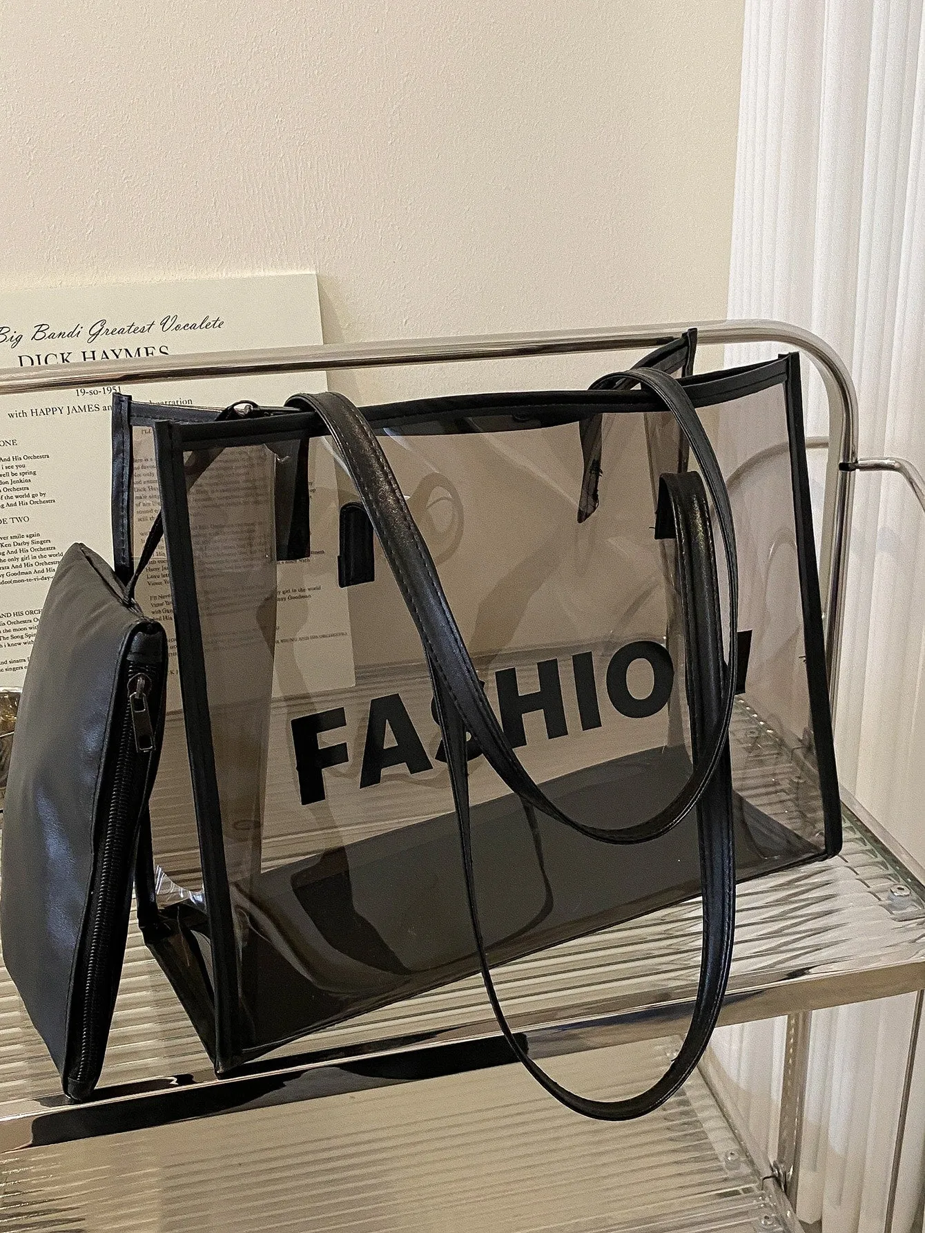 Clear Letter Graphic Shoulder Tote Bag With Inner Pouch - Black