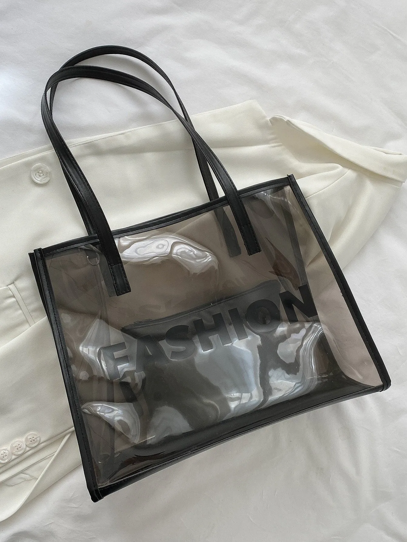 Clear Letter Graphic Shoulder Tote Bag With Inner Pouch - Black