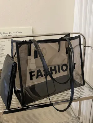 Clear Letter Graphic Shoulder Tote Bag With Inner Pouch - Black