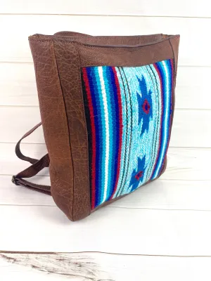 CLEARANCE! Blue & Red Aztec Wool Pattern Leather Backpack