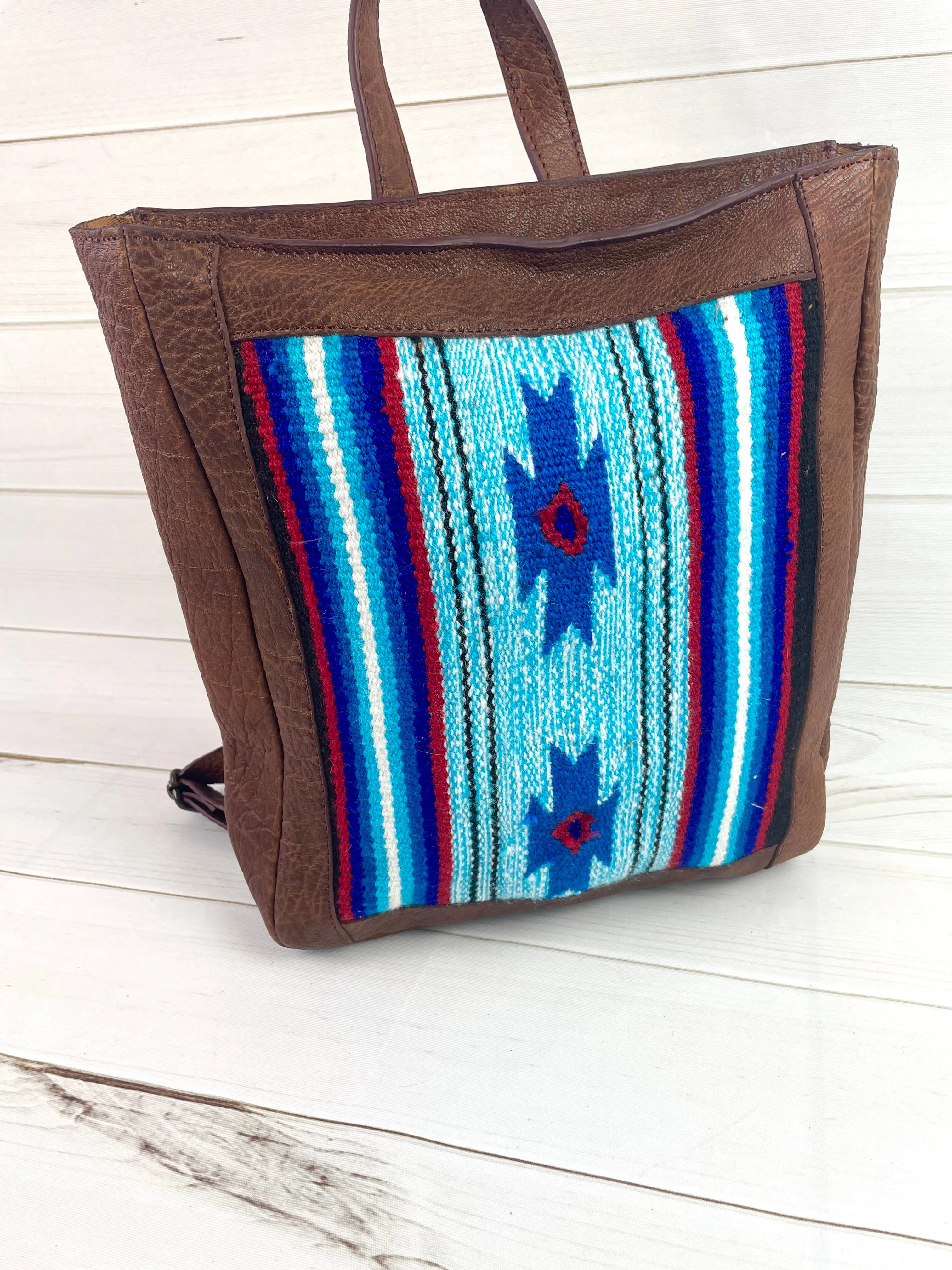 CLEARANCE! Blue & Red Aztec Wool Pattern Leather Backpack