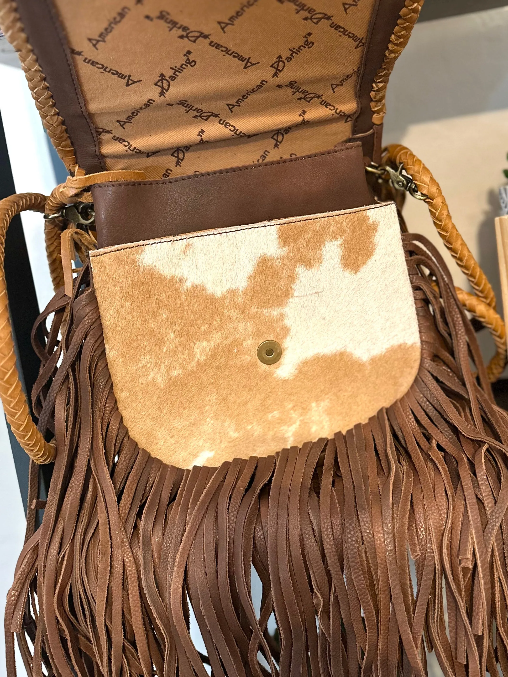 CLEARANCE! Braided Leather Tan and White Cowhide Flap Crossbody Fringe Bag