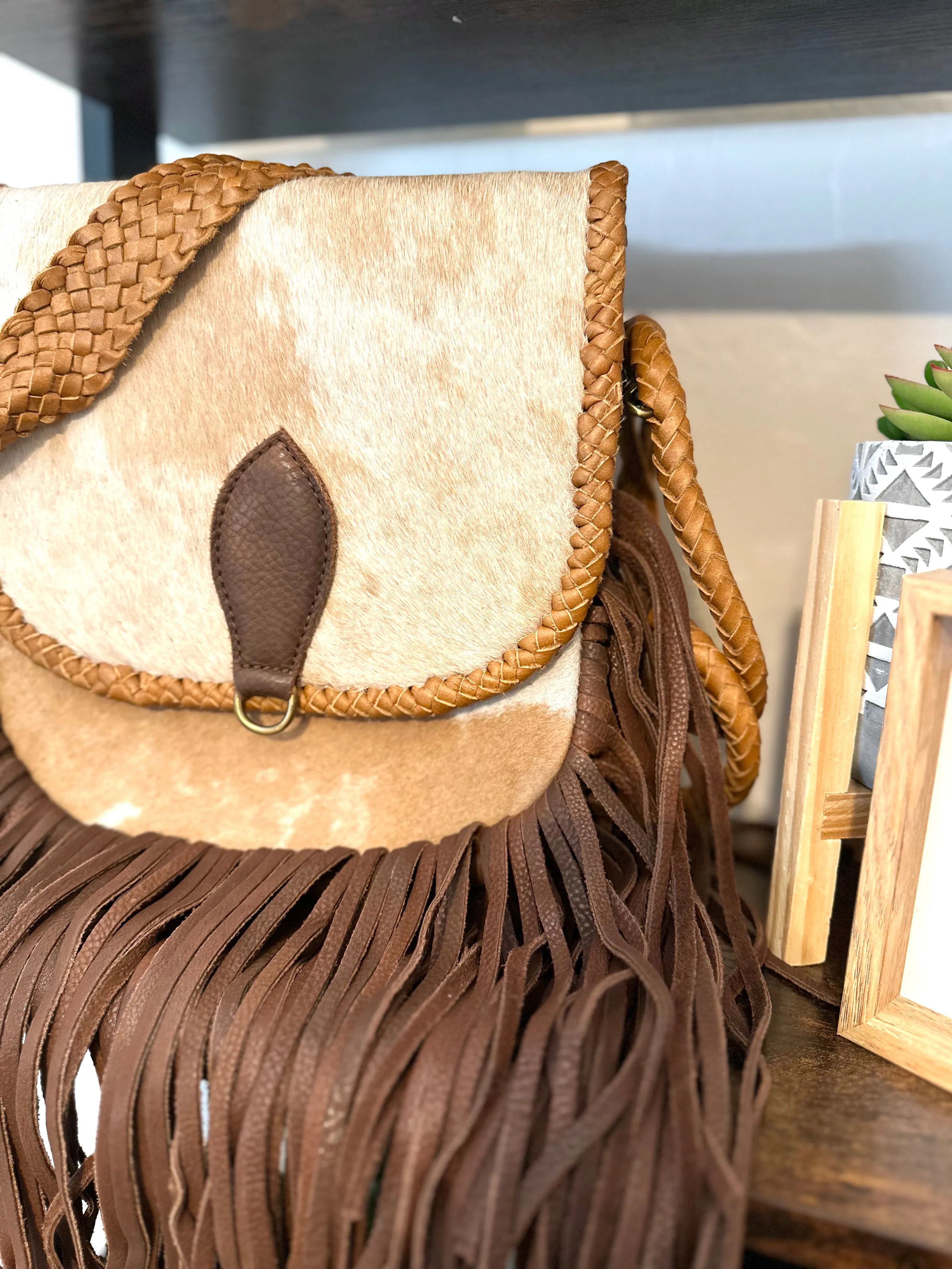 CLEARANCE! Braided Leather Tan and White Cowhide Flap Crossbody Fringe Bag