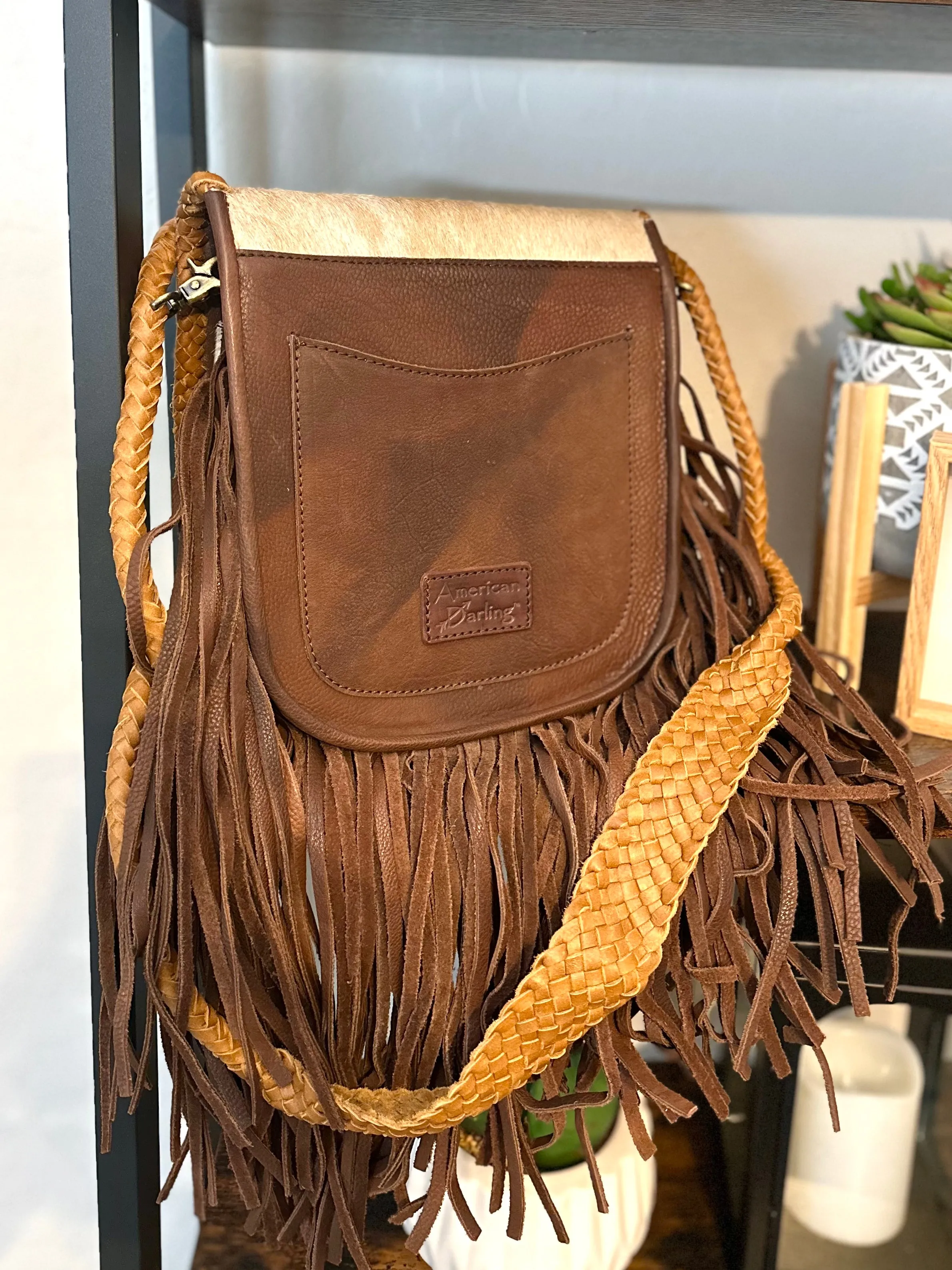 CLEARANCE! Braided Leather Tan and White Cowhide Flap Crossbody Fringe Bag