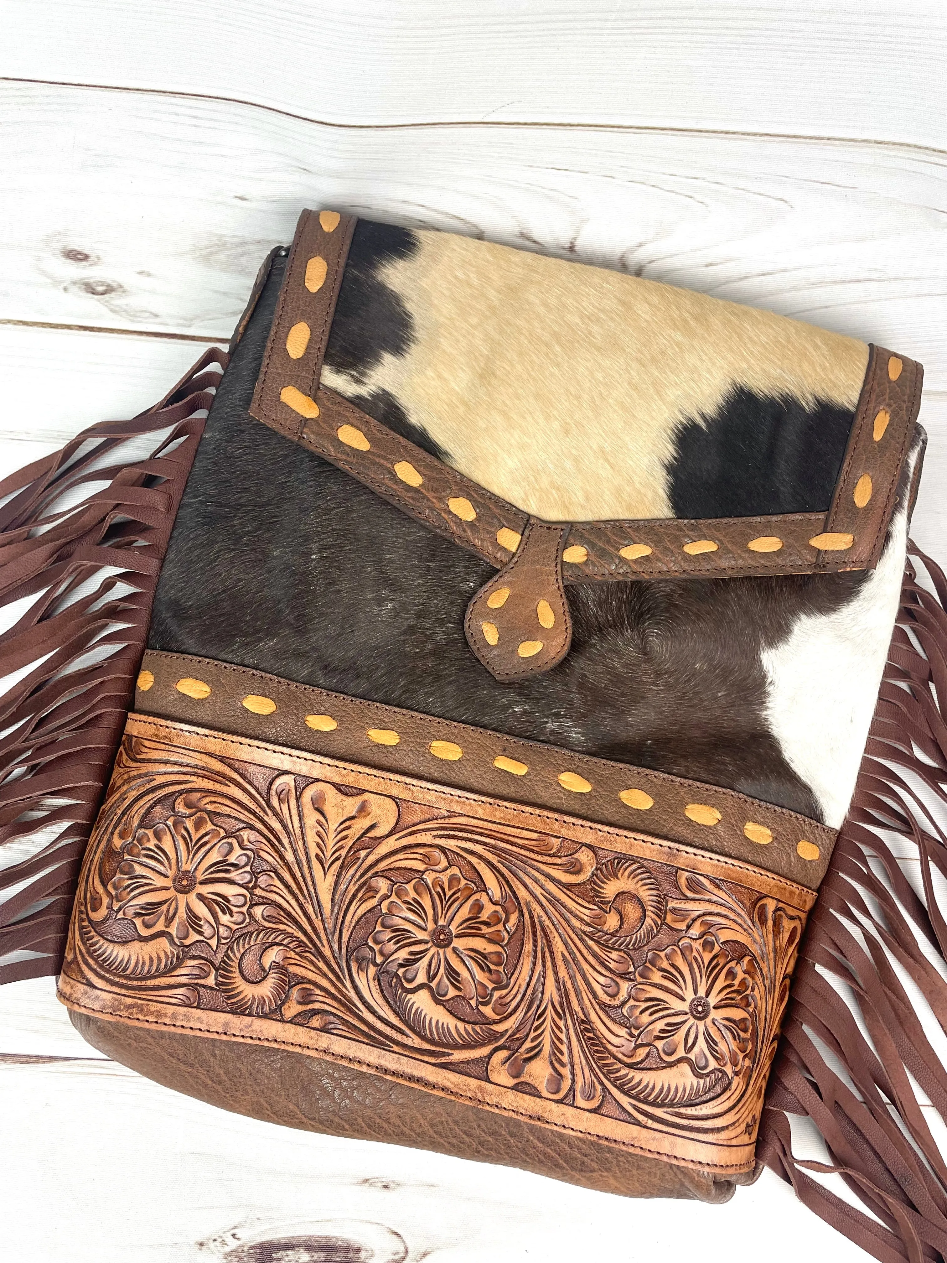 CLEARANCE!! Brown & White Hide Tan Buckstitch Tooled Leather Crossbody Bag