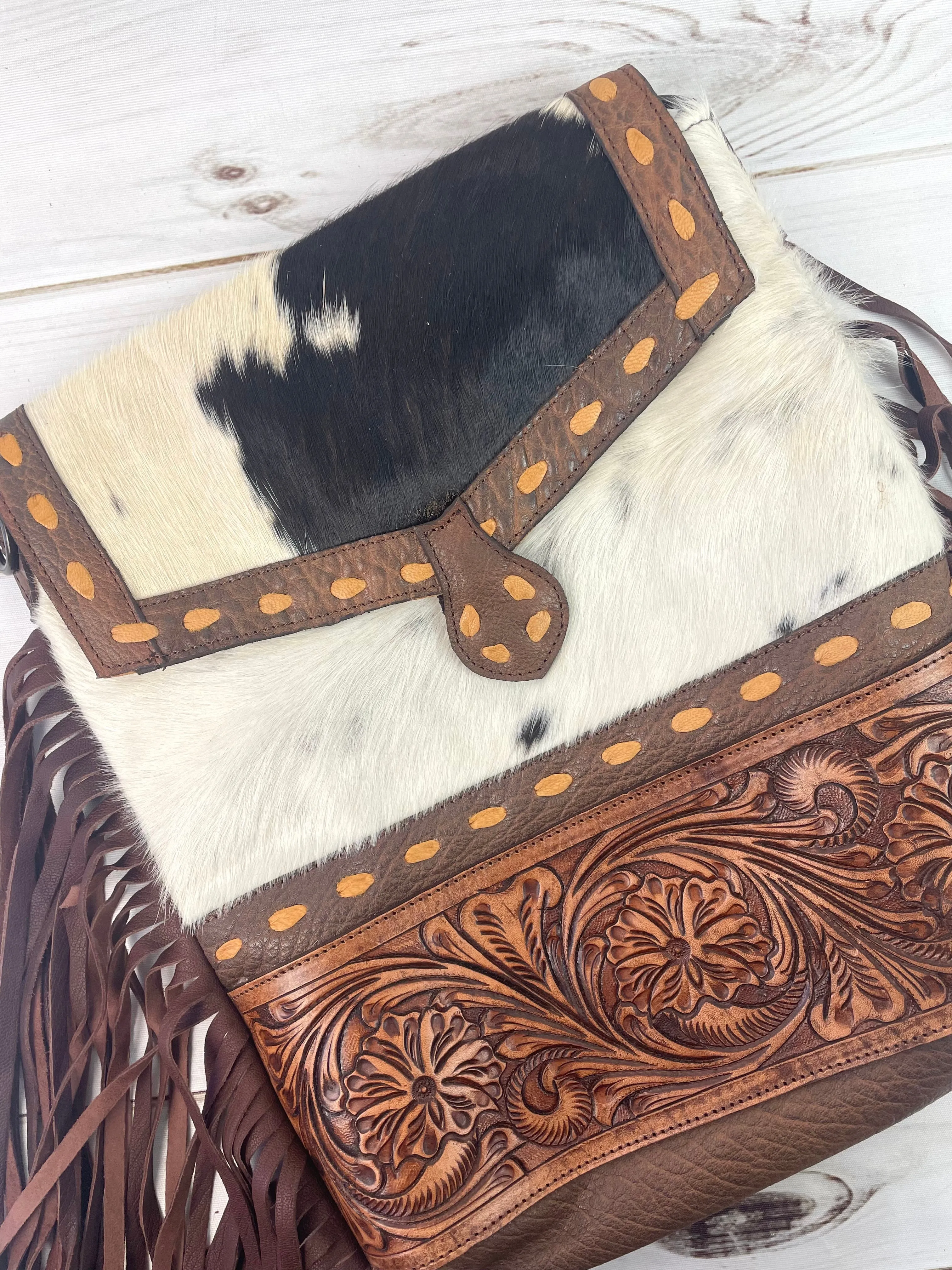 CLEARANCE!! Brown & White Hide Tan Buckstitch Tooled Leather Crossbody Bag
