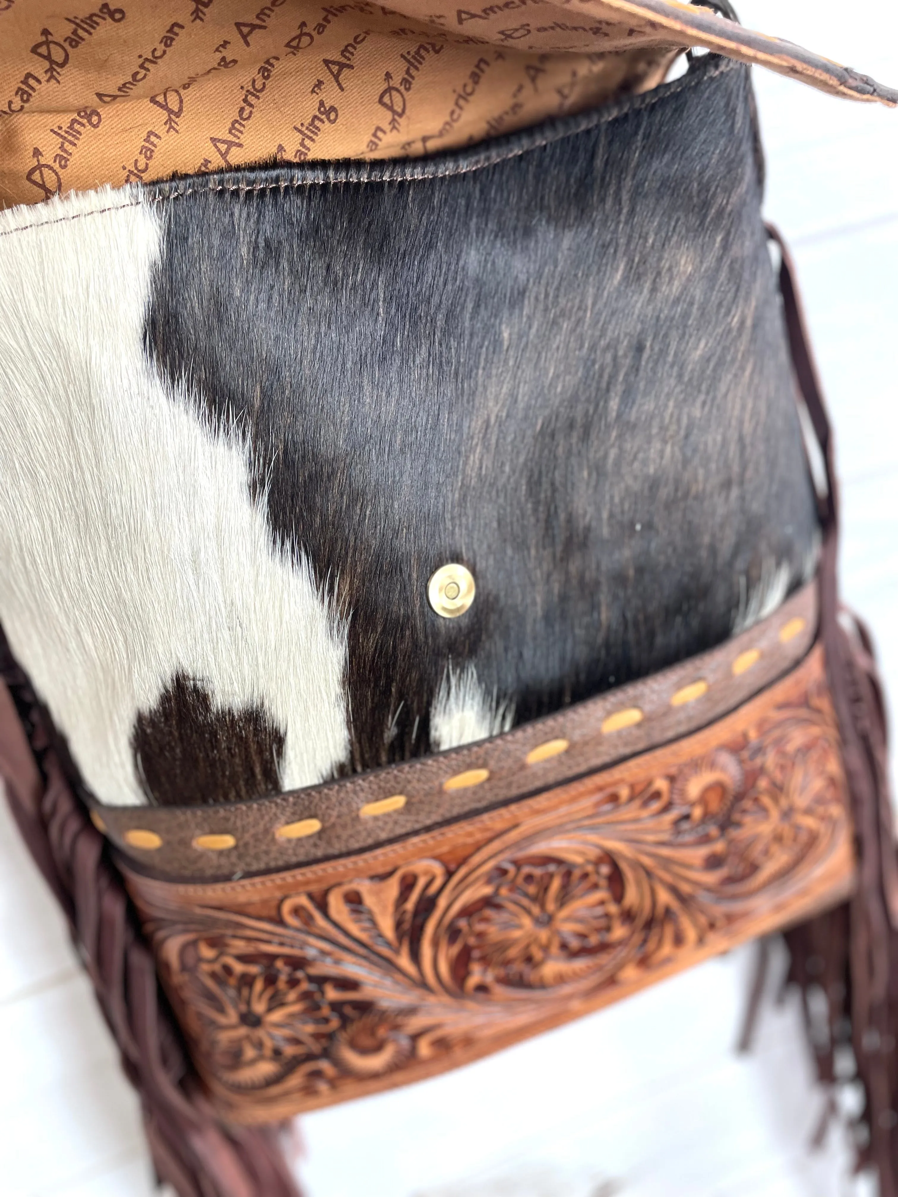 CLEARANCE!! Brown & White Hide Tan Buckstitch Tooled Leather Crossbody Bag