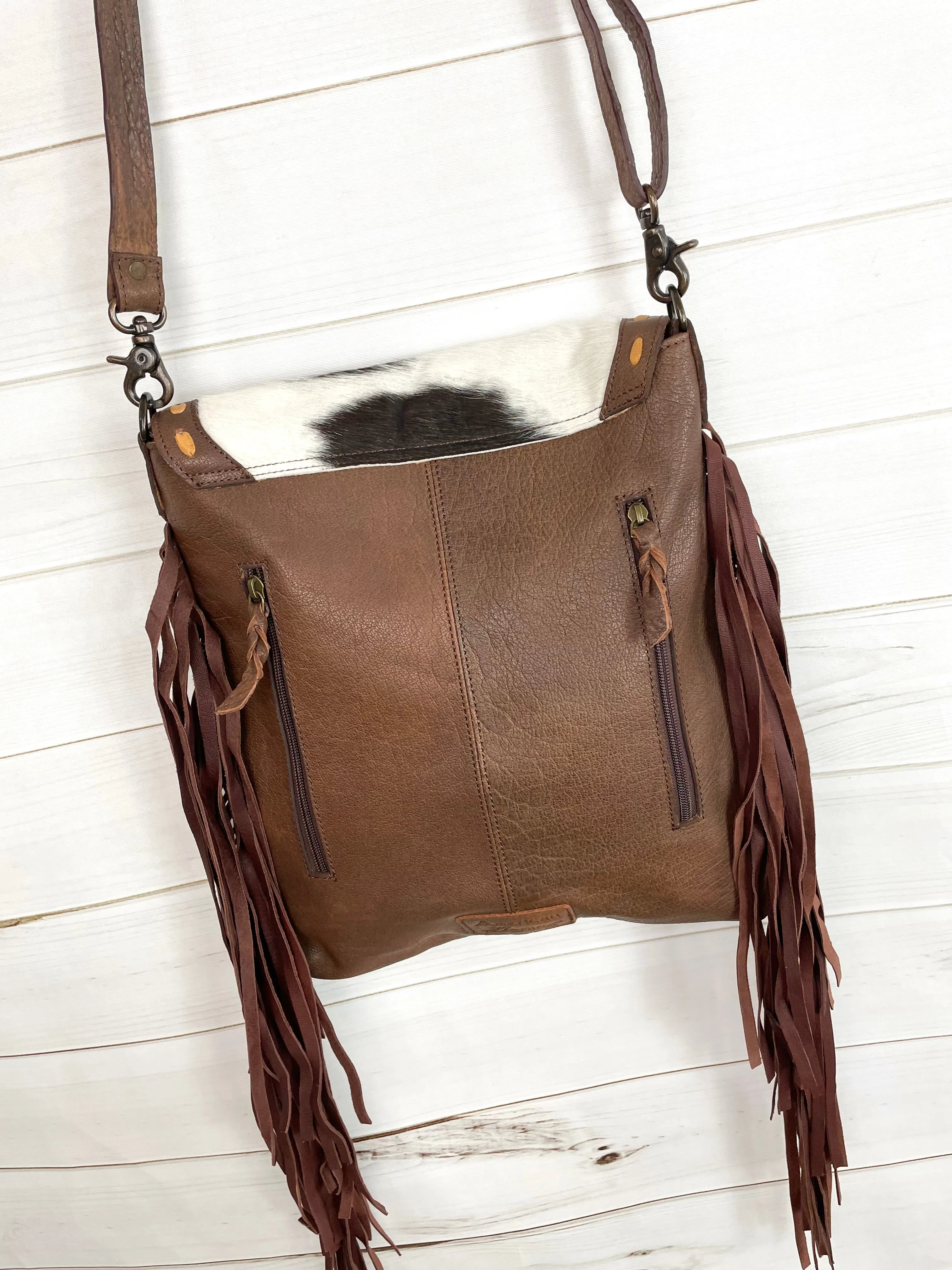 CLEARANCE!! Brown & White Hide Tan Buckstitch Tooled Leather Crossbody Bag