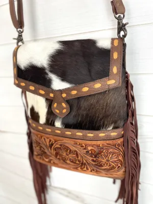 CLEARANCE!! Brown & White Hide Tan Buckstitch Tooled Leather Crossbody Bag