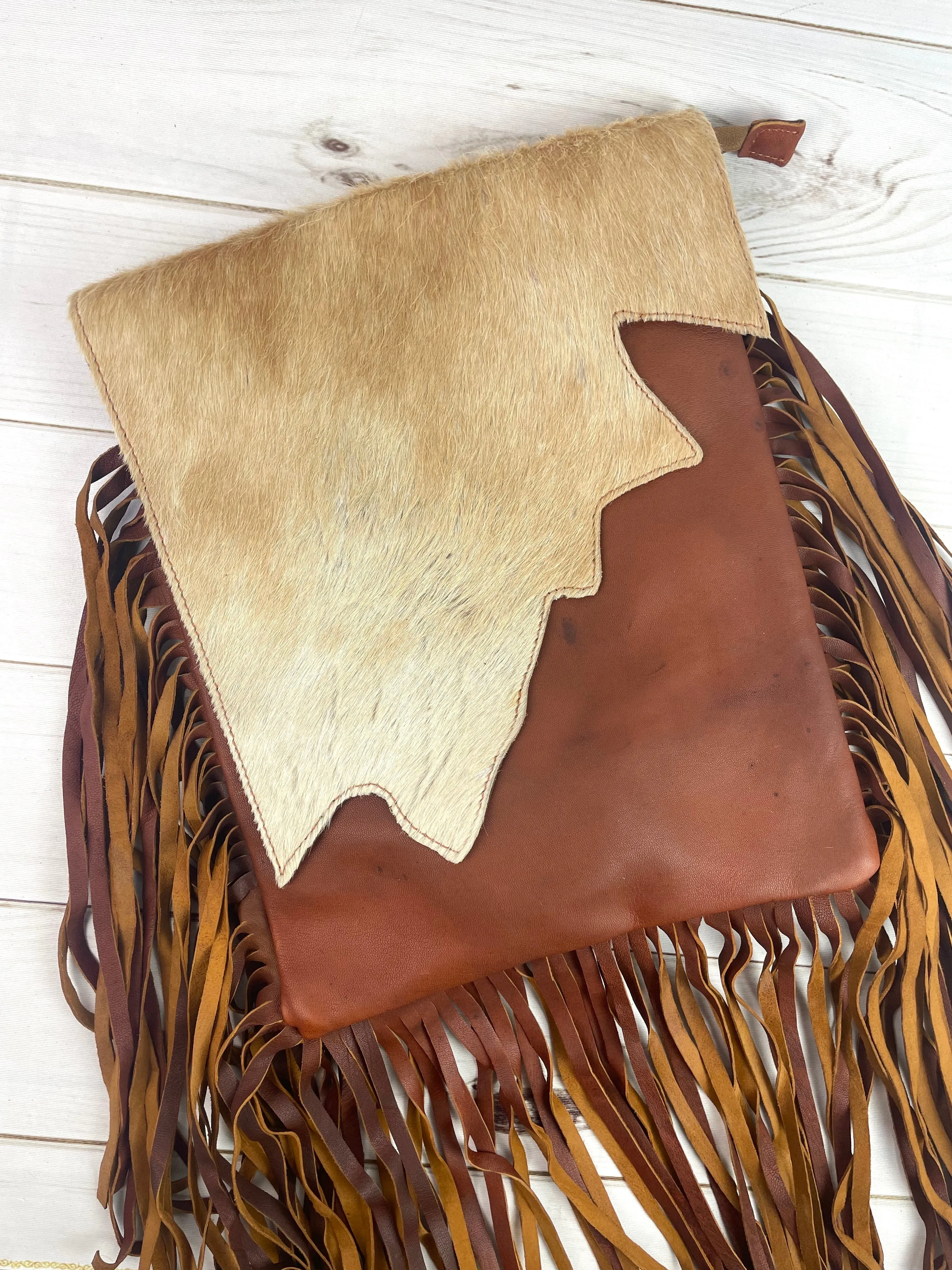 CLEARANCE! Raw Hide Flap - Cut & Stitched on Fringe Crossbody Bag