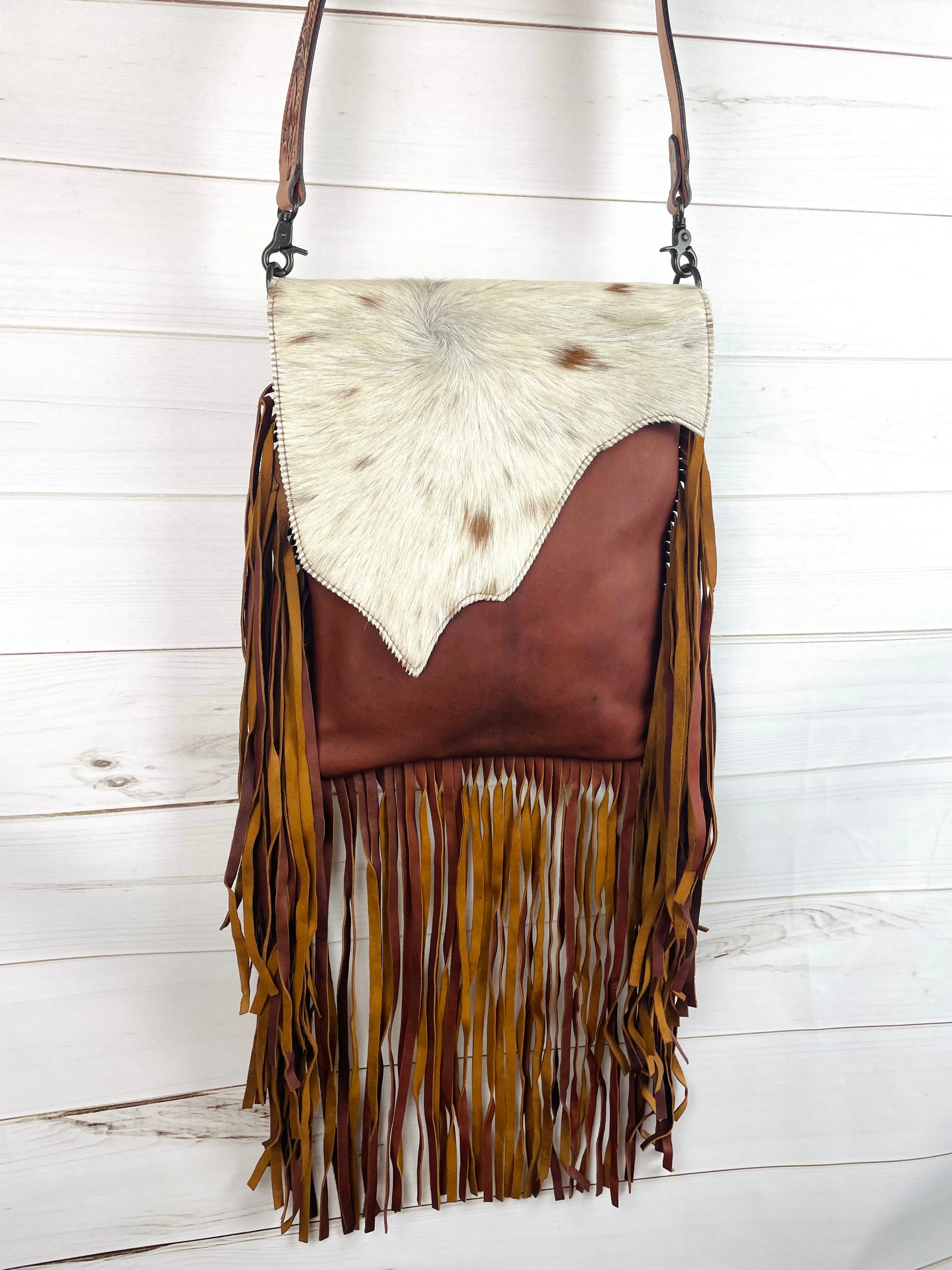 CLEARANCE! Raw Hide Flap - Cut & Stitched on Fringe Crossbody Bag