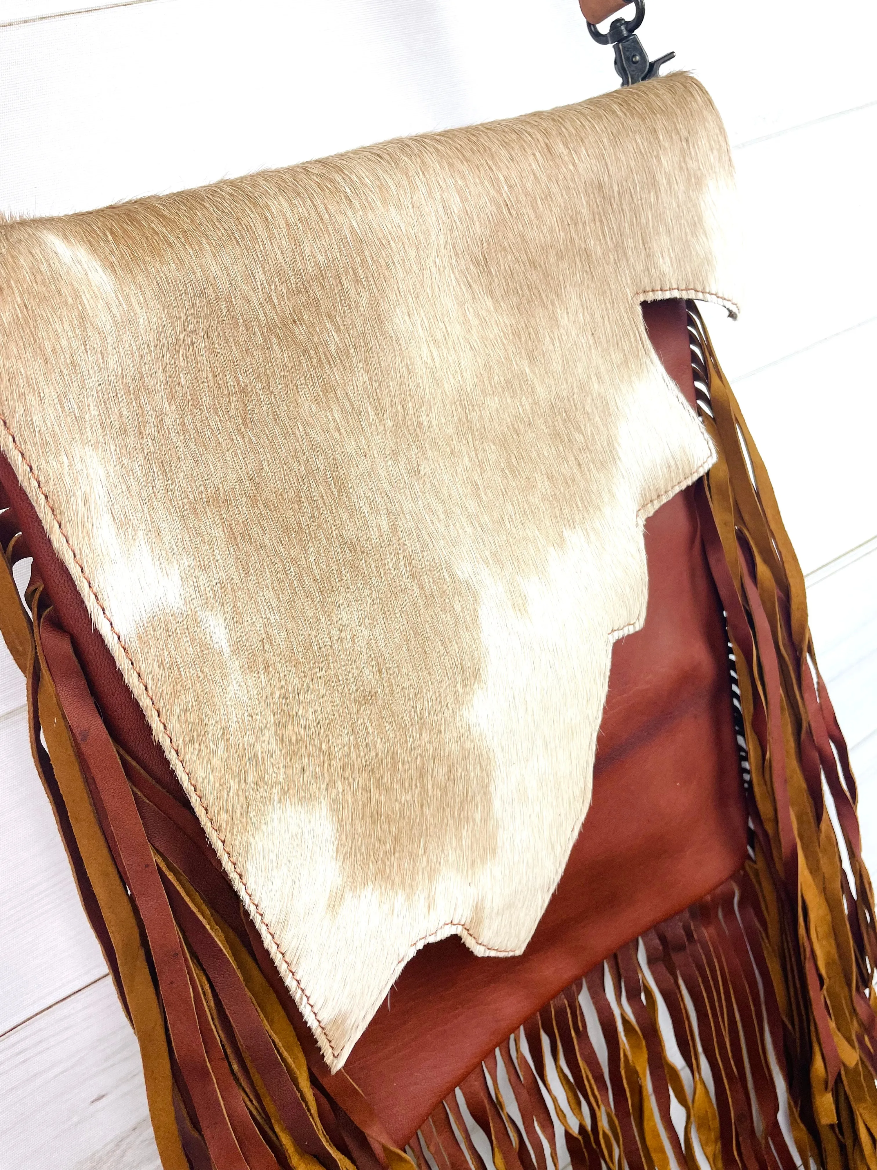 CLEARANCE! Raw Hide Flap - Cut & Stitched on Fringe Crossbody Bag