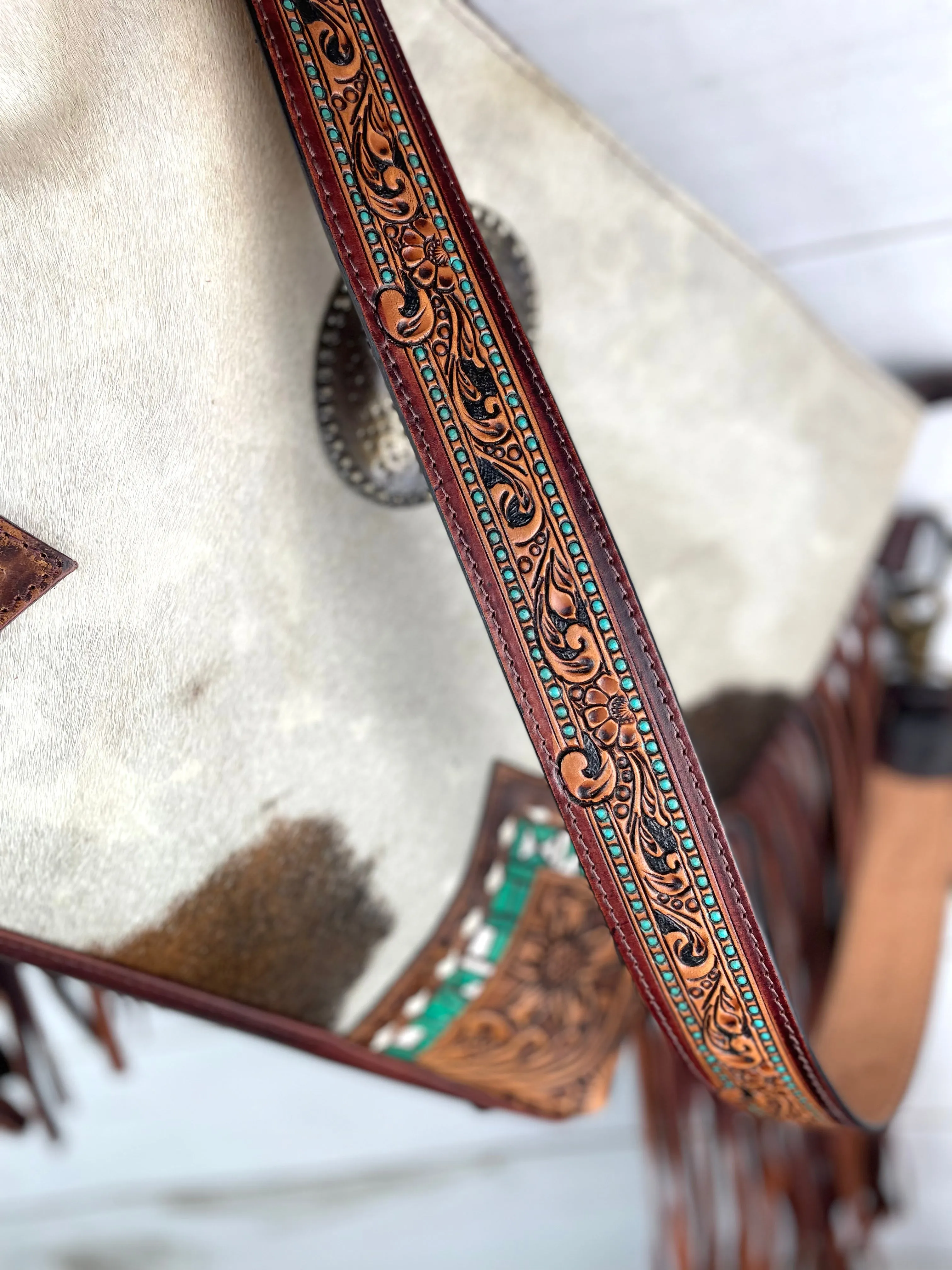 CLEARANCE! Vintage Concho Hide & Leather Tooled Handbag