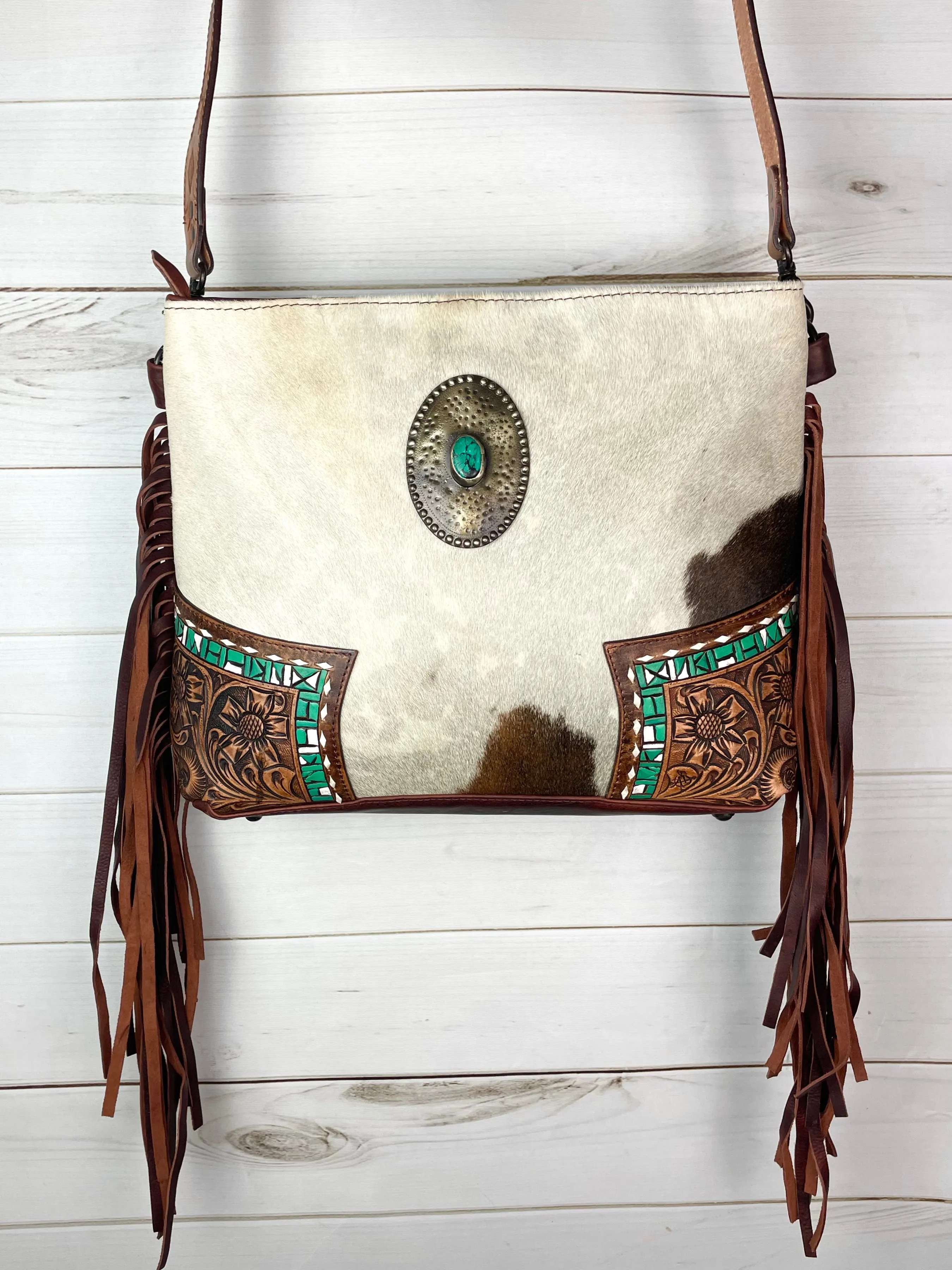 CLEARANCE! Vintage Concho Hide & Leather Tooled Handbag