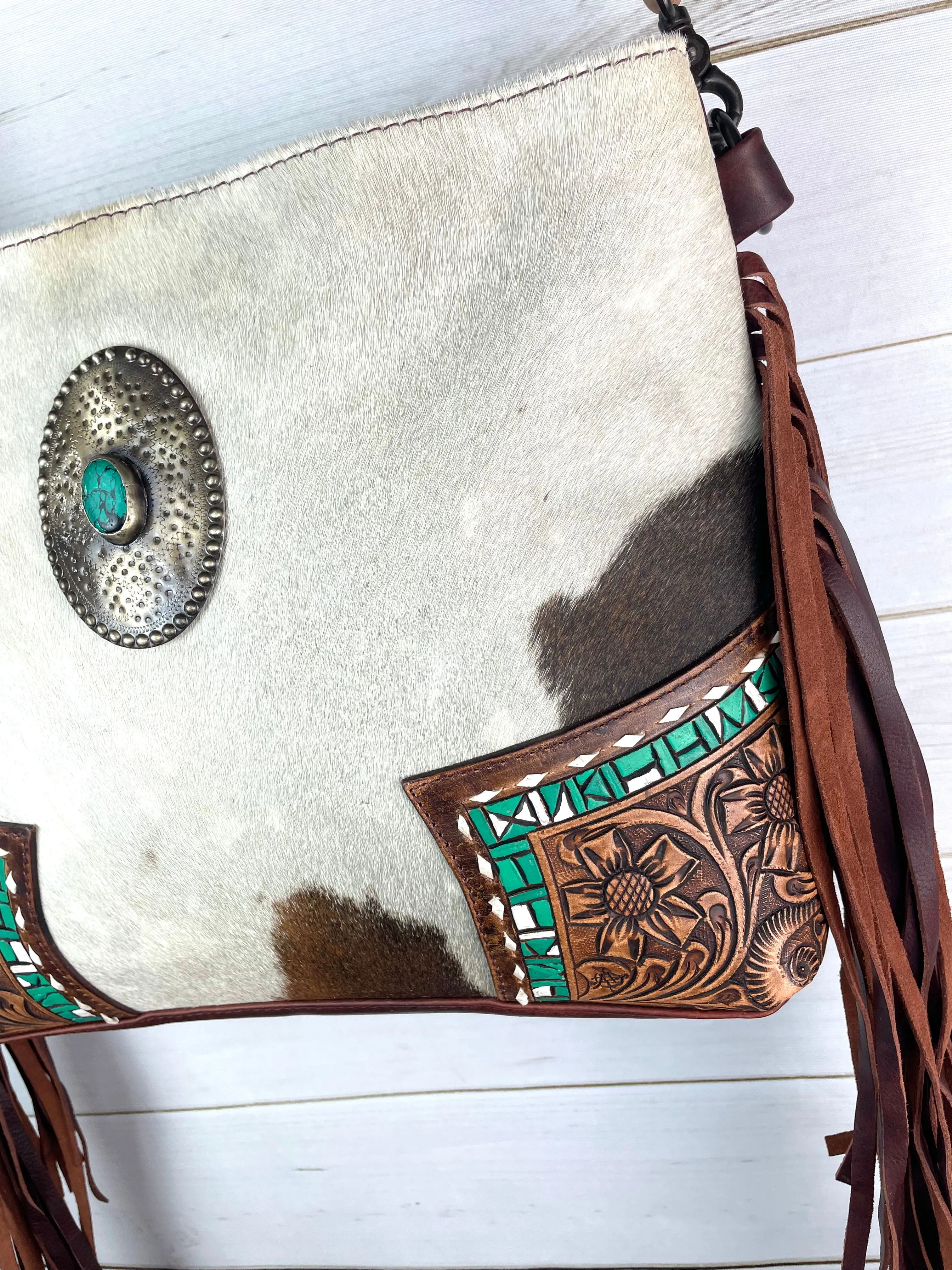 CLEARANCE! Vintage Concho Hide & Leather Tooled Handbag